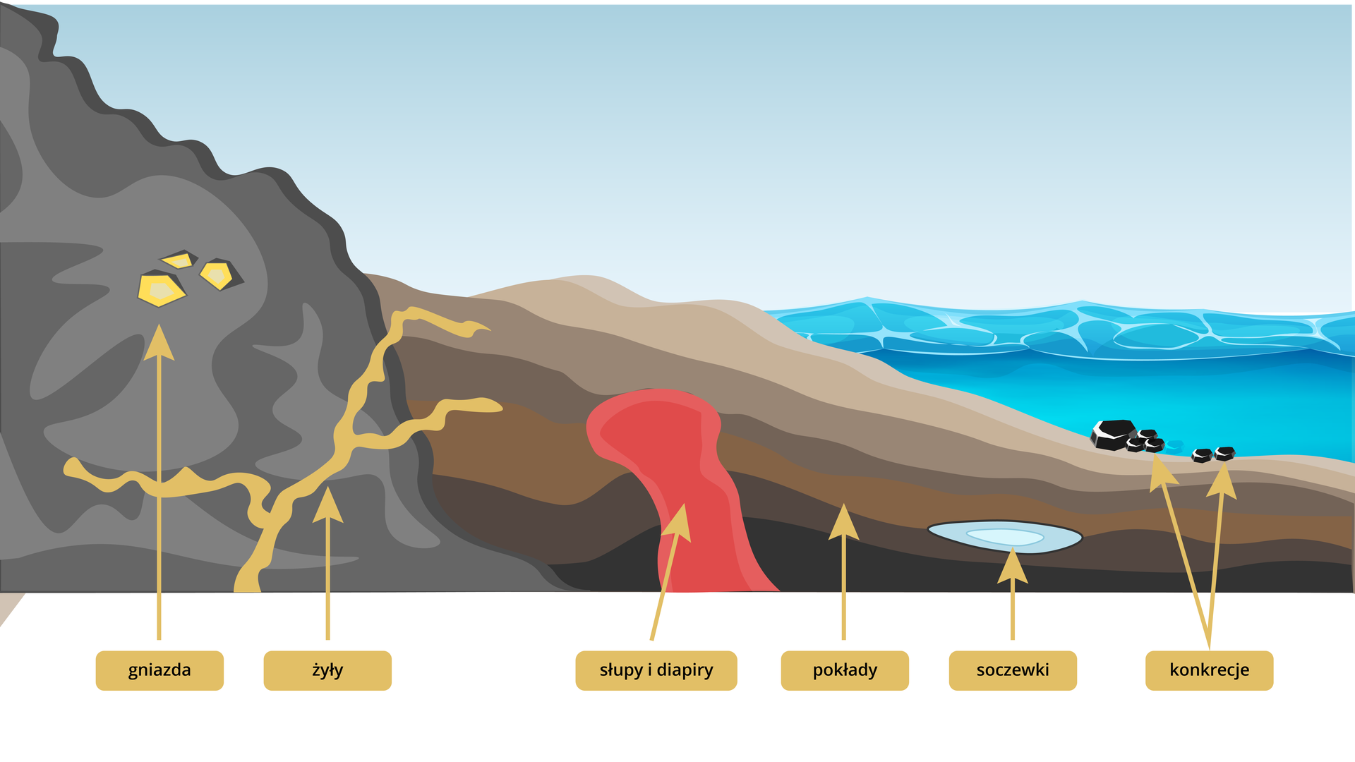 Grafika przedstawia formy złóż. Z lewej strony znajduje się skała, potem pokłady osadów i woda. W skale znajdują się gniazda o ostrych krawędziach oraz żyły odchodzące z głębi w górę i w bok skały. Słupy i diapiry odchodzą z głębi w górę pokładów. W pokładach znajdują się soczewki wypełnione wodą. Na dnie zbiornika wodnego znajdują się okrągłe konkrecje.