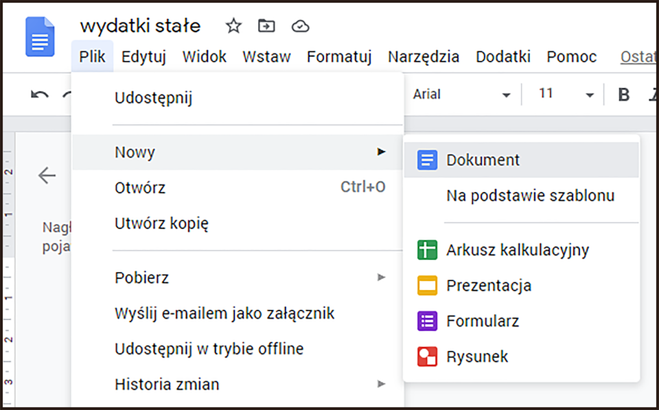   Ilustracja przedstawiająca tworzenie nowego dokumentu w aplikacji Dokumenty Google. Z górnego menu wybrano Plik, następnie Nowy, następnie Dokument. 