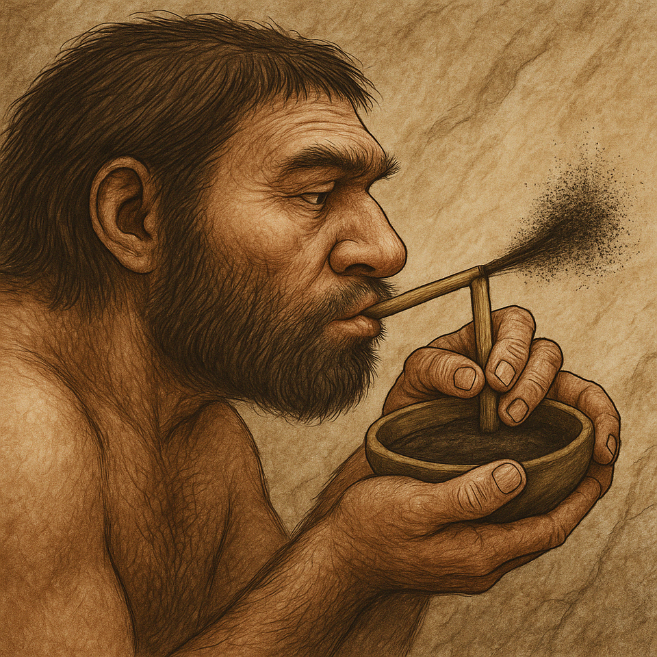 Ilustracja przedstawia mężczyznę z brodą z czasów paleolitu, nanoszącego pigment na ścianę skały metodą aerografu. Trzyma on w dłoni miseczkę z farbą, w której zanurzona jest złamana rurka, której drugą część  Podobny fragment rurki trzyma w buzi, wydmuchując powietrze, Wraz z powietrzem wydostaje się przez rurkę farba, która rozpryskiwana jest na skałę. 