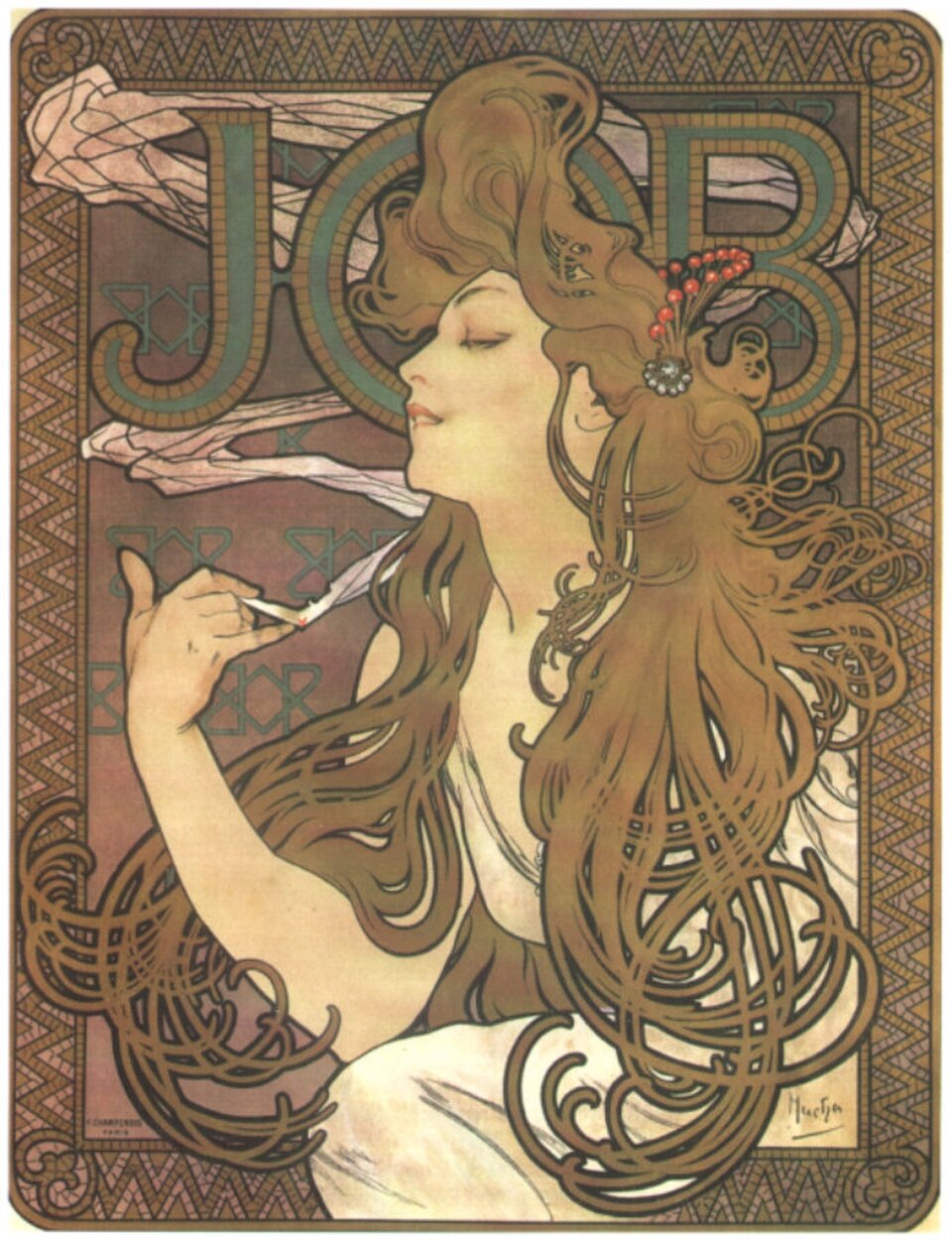Ilustracja przedstawia pracę Alfonsa Muchy. Jest to opakowanie bibułek papierosowych „JOB” z 1896 roku. Na ilustracji jest kobieta z długimi, ciemnymi, kręconymi włosami. W dłoni trzyma papierosa. W tle widnieje napis „JOB”. Całość grafiki jest w odcieniach brązu. Autor słynny z grafik z udziałem kobiet w stylu belle époque, czyli wyidealizowane postacie kobiet. Otoczone są naręczem kwiatów oraz symbolami.