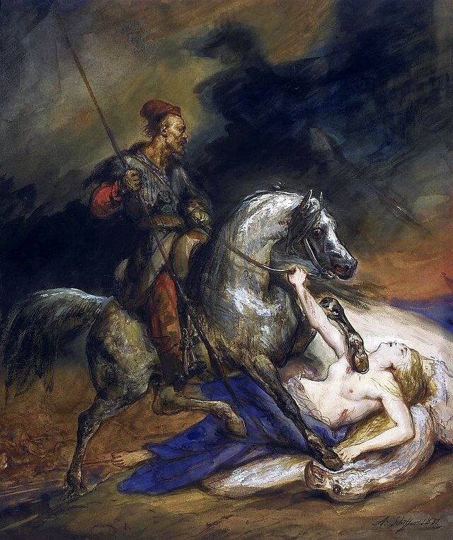 Obraz przedstawia młodą, półnagą, leżącą kobietę. Spoczywa ona na ciele wielkiego, białego ptaka. Po nagich piersiach kobiety uderza kopytami koń dosiadany przez mężczyznę z piką. Kobieta próbuje powstrzymać konia, trzymając go za uzdę.