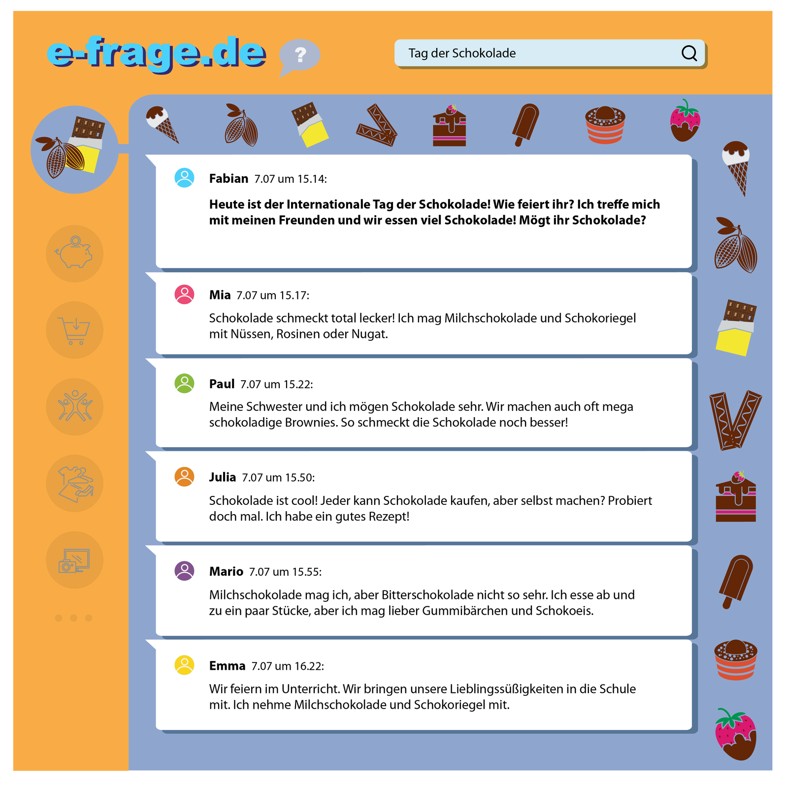 Ilustracja przedstawia wpisy na forum internetowym sześciorga użytkowników, korzystających z następujących pseudonimów: Fabian,  Mia, Paul, Julia, Mario, Emma. Strona jest utrzymana w kolorze żółto‑fioletowym, widoczne są na niej liczne grafiki przedstawiające czekoladę, batoniki, tort i inne słodycze. Transkrypcja znajduje się poniżej.