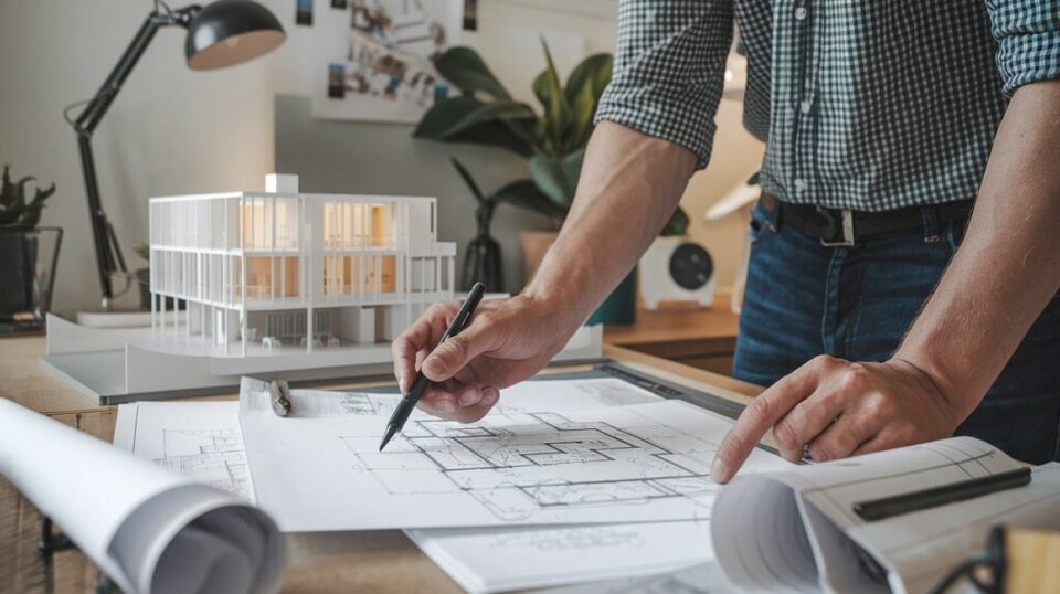 Osoba stojąca przy biurku kreślarskim wskazuje i rysuje na planach architektonicznych rozłożonych na stole. Obok znajduje się makieta nowoczesnego budynku, zwinięte arkusze projektów oraz lampka biurkowa, a w tle widać rośliny i elementy pracowni projektowej.