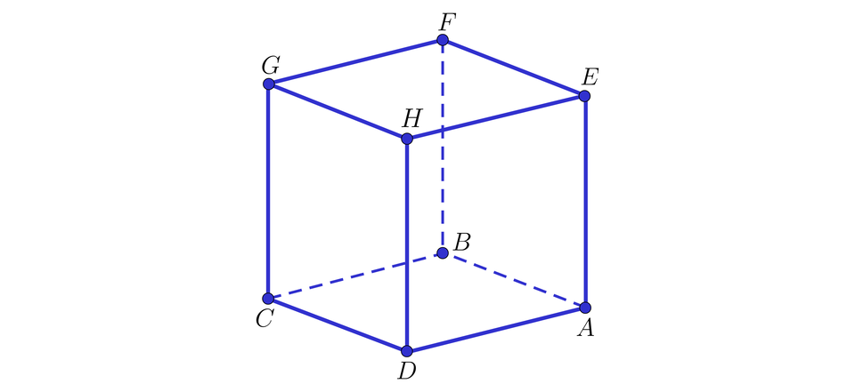 Ilustracja przedstawia sześcian A B C D E F G H, gdzie wierzchołek E znajduje się nad A, wierzchołek F nad B, wierzchołek G nad C, wierzchołek H nad D.   