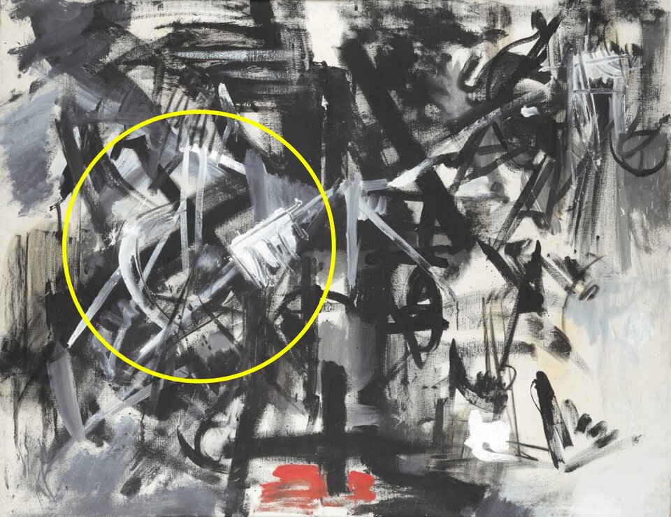 Ilustracja przedstawia obraz Emilio Vedova „Współczesne Ukrzyżowanie”. Obraz jest namalowany w biało‑czarno‑szarym kolorze z jednym akcentem czerwieni w dolnej części. Złożony jest z cieńszych i grubszych wydłużonych, o różnej grubości linii farby położonej w różnych kierunkach i dynamicznie przenikających się ze sobą. Na obrazie zaznaczono żółtym okręgiem miejsce źródła światła, w lewej jego części, w miejscu, gdzie znajduje się najwięcej białych linii.