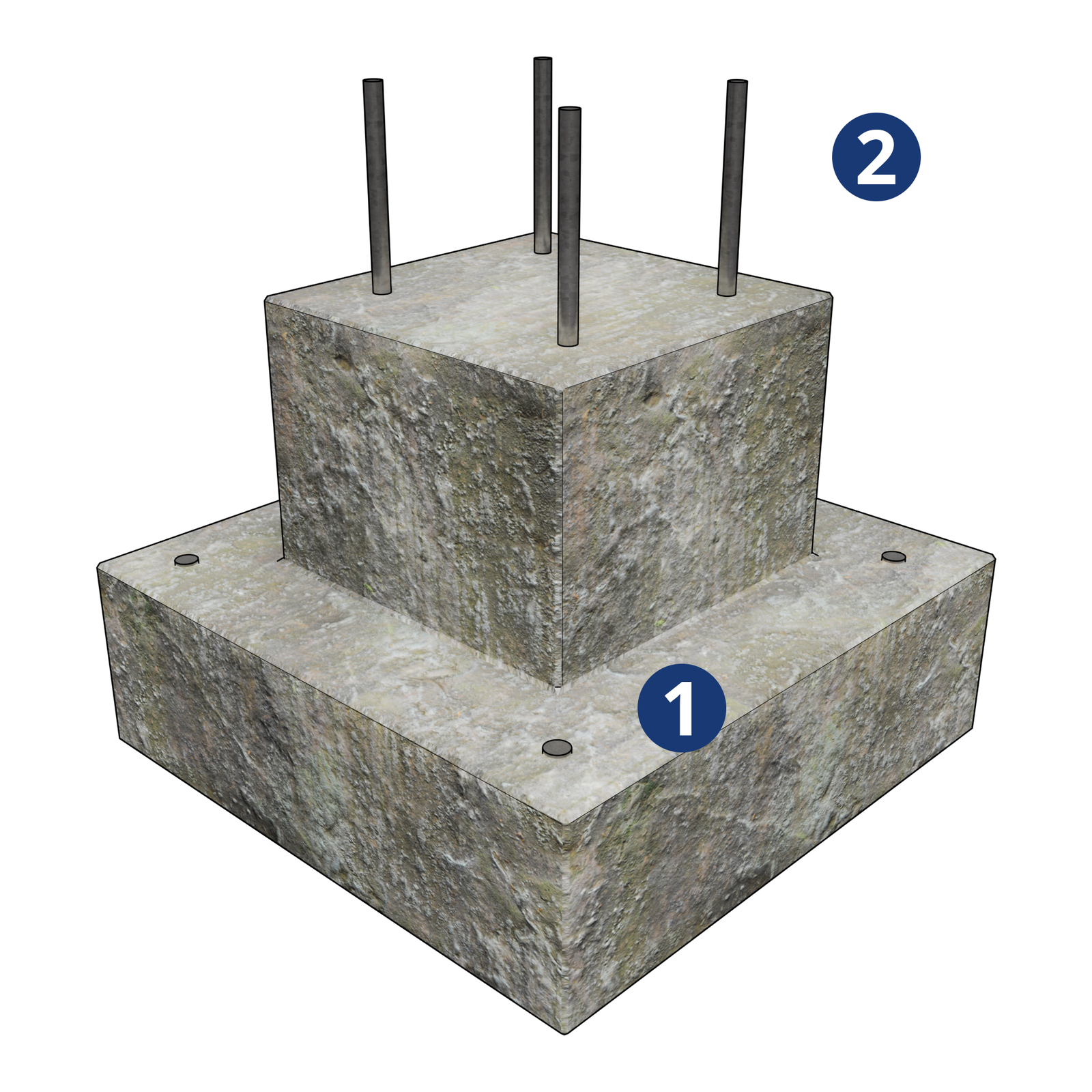 Ilustracja przedstawia stopę fundamentową. Składa się z dwóch prostopadłościennych elementów. Element większy stanowi podstawę, na nim znajduje się element mniejszy. Z mniejszego elementu w górę wystają cztery śruby kotwiące.