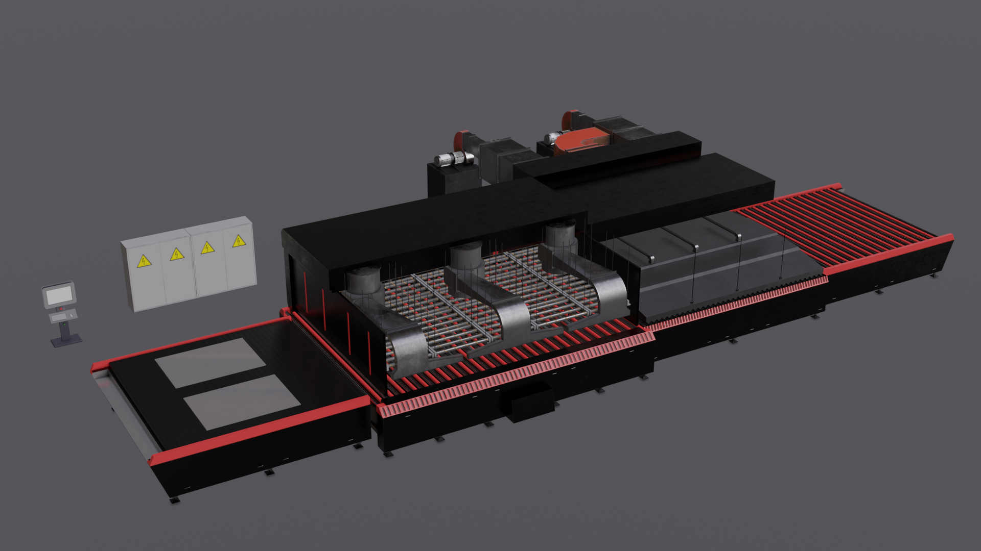 Ilustracja przedstawia piec do hartowania szkła. Konstrukcja ma opcję poziomą. Ma następujące części: na krańcach są systemy transportujące szkło. W centralnej części jest komora do nagrzewania szkła, a za nią chłodnica do studzenia.