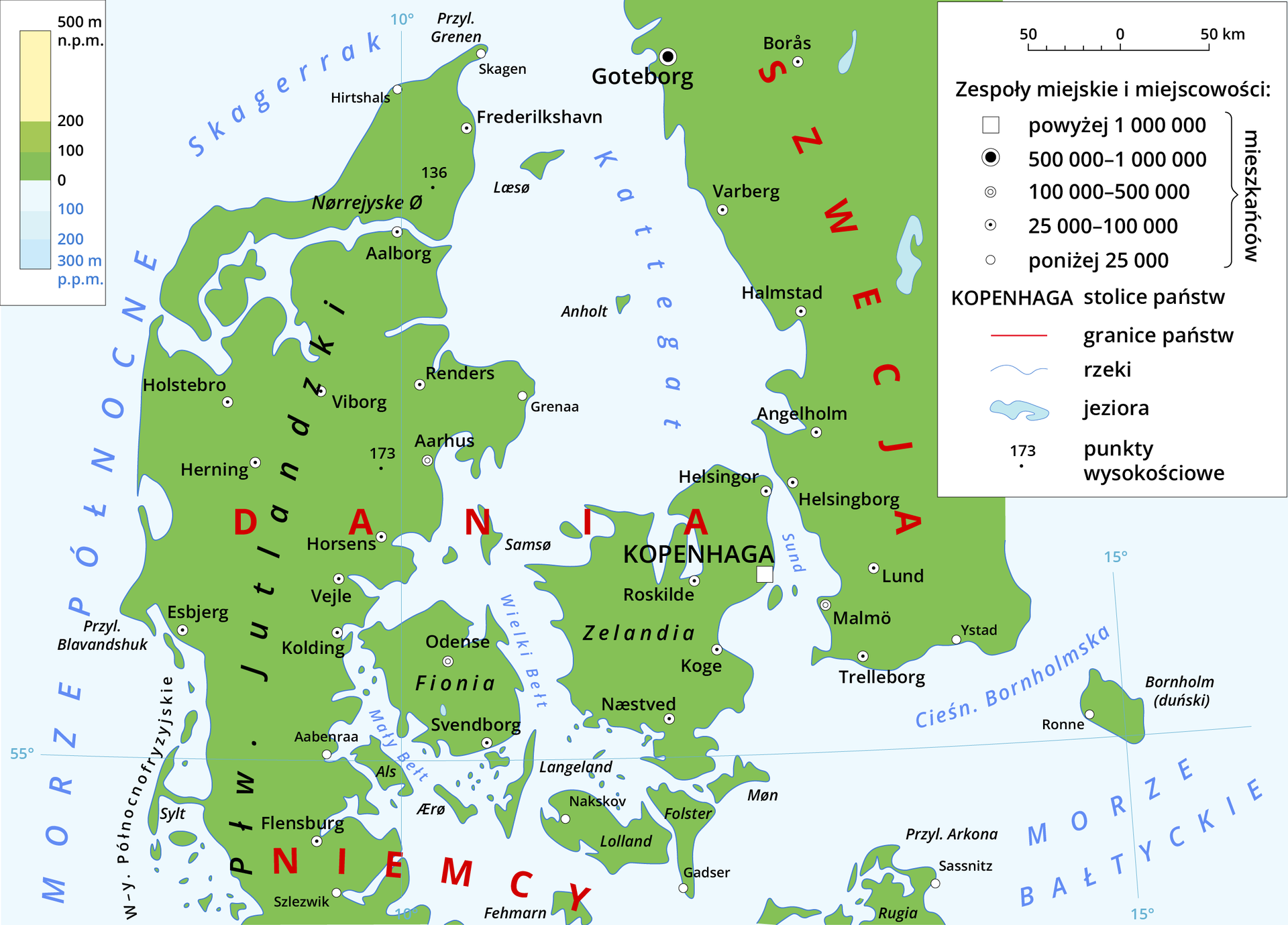 Ilustracja przedstawiająca mapę hipsometryczną prezentującą położenie Danii. Oznaczono miejscowości, nazwy wysp, jeziora, rzeki, granice państw. W lewym górnym rogu legenda. Pionowa podziałka z oznaczeniami zastosowanych kolorów na mapie. Tereny do stu metrów nad poziomem morza oznaczono kolorem zielonym, do dwustu jasnozielonym, do pięciuset jasnożółtym. Wody do stu metrów głębokości oznaczono kolorem jasnobłękitnym, kolejne przedziały do dwustu i do trzystu metrów odpowiednio ciemniejszymi odcieniami. W prawym górnym rogu druga część legendy. U góry pozioma podziałka, na której jeden odcinek to pięćdziesiąt kilometrów. Poniżej oznaczenia zespołów miejskich i miejscowości. Małymi czarnymi okręgami oznaczono miejscowości poniżej dwudziestu pięciu tysięcy mieszkańców, okręgami z czarną kropką w środku miejscowości od dwudziestu pięciu do stu tysięcy, okręgami z wpisanymi mniejszymi okręgami oznaczono miasto od stu do pięciuset tysięcy mieszkańców, okręgami z dużą czarną kropką oznaczono miasta od pięciuset do miliona mieszkańców, miasto powyżej miliona mieszkańców oznaczono białymi kwadratami z czarnym konturem. Stolice państw oznaczono wielkimi literami, granice państw czerwonymi liniami, oznaczono rzeki, jeziora, czarnymi kropkami punkty wysokościowe. Mapa pokryta południkami i równoleżnikami co pięć stopni. W centrum znajdują się duńskie wyspy i Półwysep Jutlandzki, na południu Niemcy, na północy i na północnym wschodzie Szwecja. Oznaczono Morze Bałtyckie, Północne i cieśniny między nimi – Skagerrak Kattegat. W centrum na wyspie Zelandia stolica Danii – Kopenhaga.