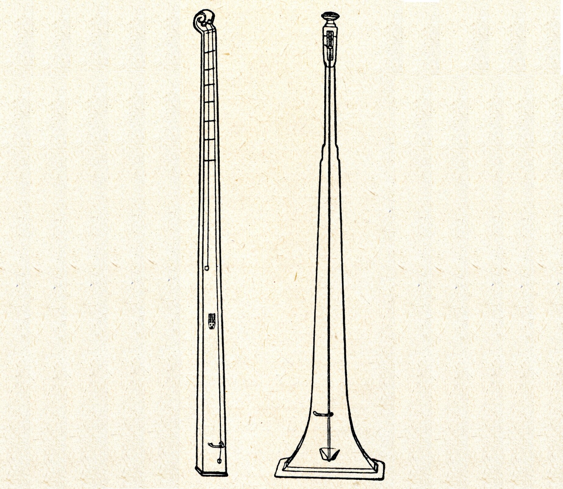 Ilustracja przedstawia monochord. Rysunek przedstawia dwa przykłady instrumentu. Narysowane są czarną kreską na pożółkłej kartce. Instrument składa się z drewnianego korpusu, rozszerzającego się ku dołowi (tak aby dało się go postawić), na którym umieszczona jest jedna struna. Na szczycie instrumentu znajduje się mechanizm, którym można regulować napięcie struny.