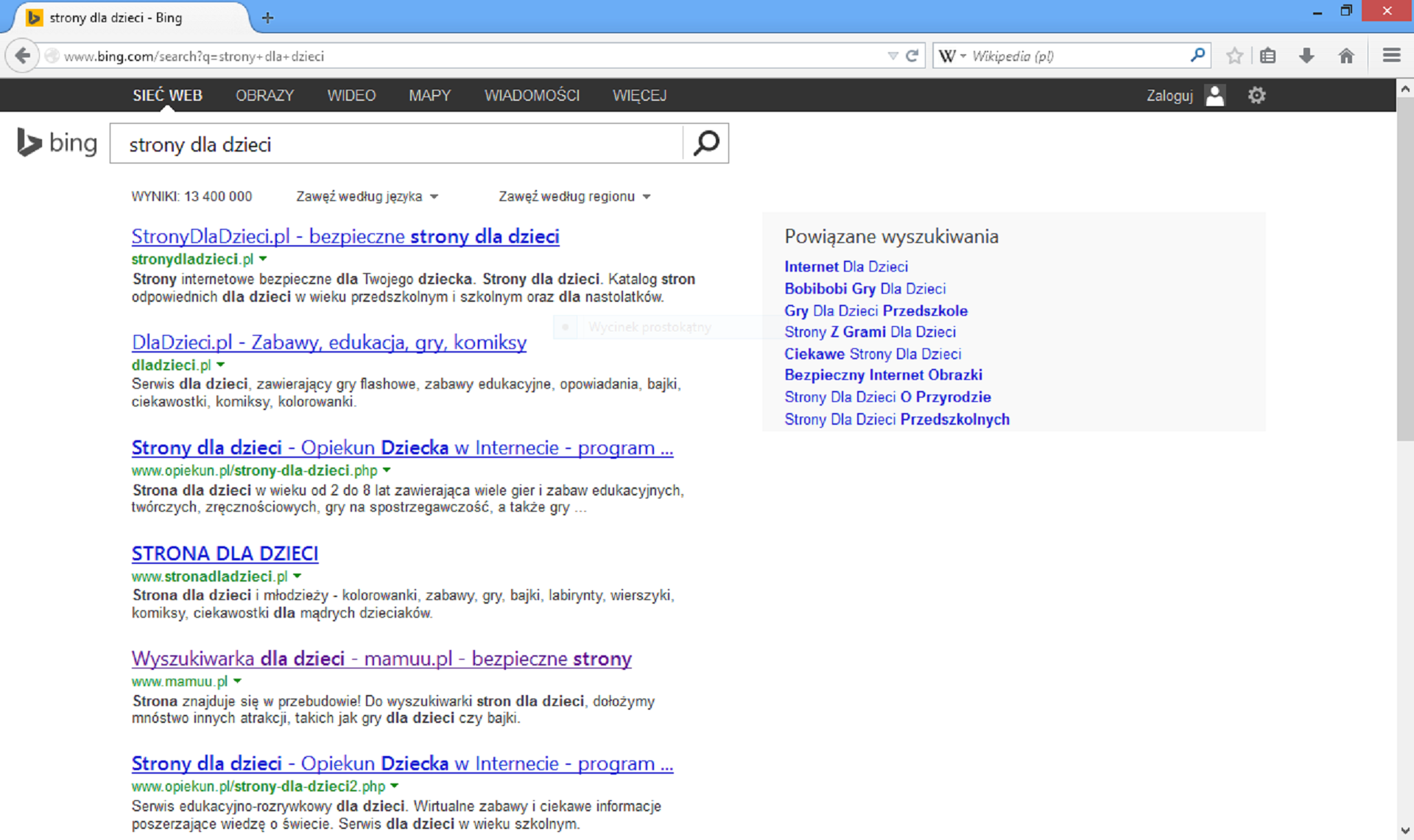 Zrzut okna wyszukiwarki Bing z wykazem znalezionych adresów stron dla dzieci