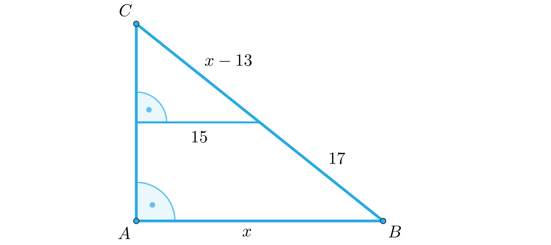 Ilustracja przedstawia trójkąt prostokątny A B C. Podstawą trójkąta jest bok A B o długości x. Na środku odcinka A C będącego wysokością trójkąta poprowadzono odcinek o długości piętnaście, równoległy do podstawy łączący wysokość oraz dzielący przeciwprostokątną na dwa odcinki. Pierwszy przy punkcie C o długości x odjąć trzynaście oraz drugi przy punkcie B o długości siedemnaście. 