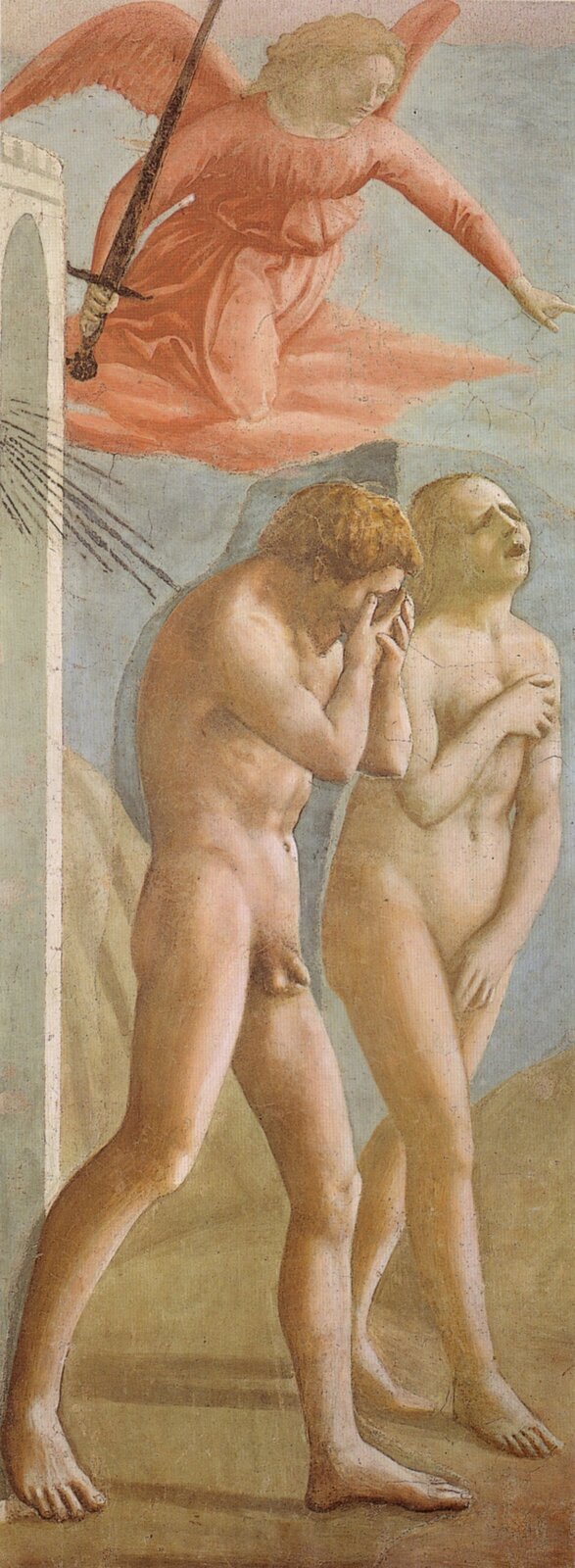 Ilustracja przedstawia obraz Masaccia „Wygnanie z Raju”. Na obrazie widzimy dwie nagie postacie - kobietę oraz mężczyznę. Mężczyzna zakrywa twarz ręką. Kobieta ma zrozpaczony wyraz twarzy. Za postaciami, w górze, widoczny jest anioł w pomarańczowej sukni i z mieczem w ręku.