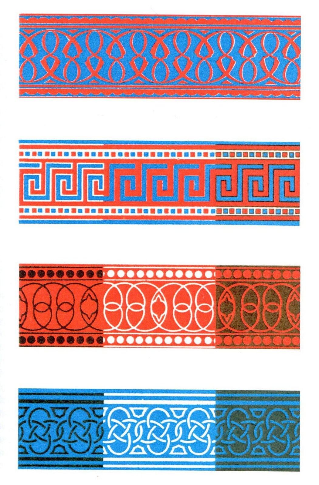 Ilustracja przedstawia cztery prostokąty, ozdobione ornamentem. Na pierwszym prostokącie widać czerwony ornament na niebieskim tle. Drugi prostokąt został podzielony na trzy części, w pierwszej części widzimy niebieski ornament z białą obramówką na czerwonym tle, w drugiej części niebieski ornament, bez obramówki, na czerwonym tle, a w trzeciej części niebieski ornament z czarną obramówką na czerwonym tle. Trzeci prostokąt przedstawia, w pierwszej części czarny ornament na czerwonym tle, w drugiej części biały ornament na czerwony tle, a w trzeciej części czerwony ornament na czarnym tle. Czwarty prostokąt, w pierwszej części przedstawia czarny ornament na niebieskim tle, w drugiej części widzimy biały ornament na niebieskim tle, a w trzeciej części niebieski ornament na czarnym tle.