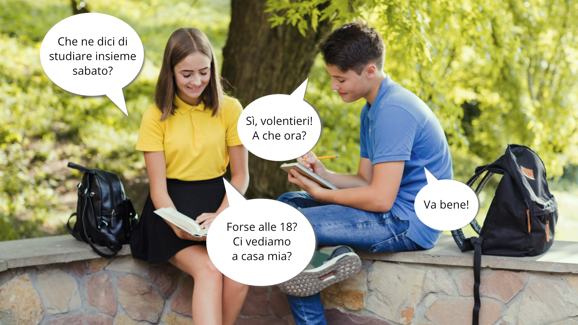 Zdjęcie przedstawia dwoje nastolatków, dziewczynę i chłopaka. Oboje siedzą na betonowym murku, obok nich leżą plecaki. Dziewczyna i chłopak rozmawiają, obok nich znajdują się dymki z tekstem. Dziewczyna rozpoczyna rozmowę, chłopak odpowiada:Che ne dici di studiare insieme, sabato? Sì, volentieri! A che ora?Forse alle 18? Ci vediamo a casa mia?Va bene!