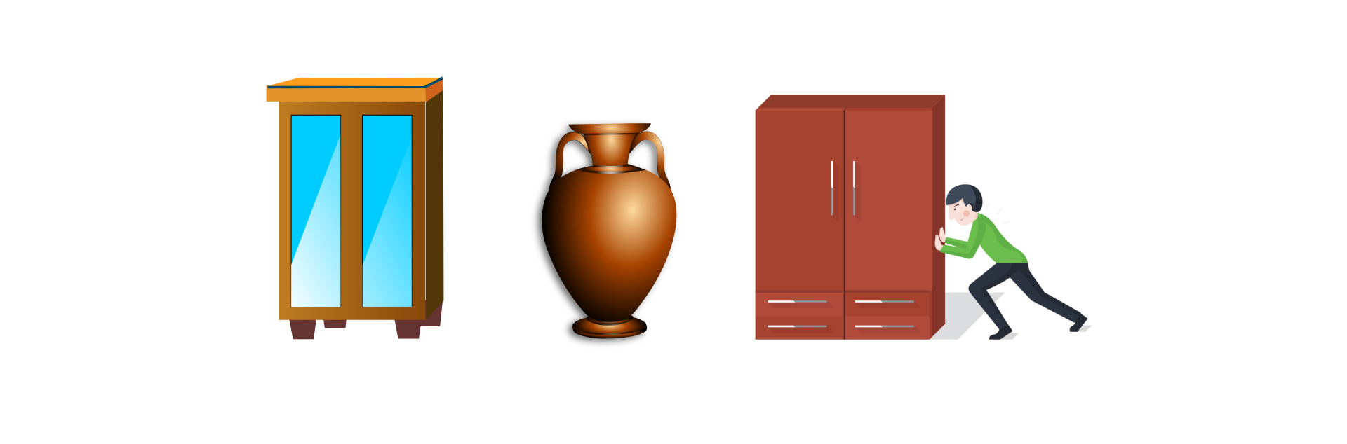 Na ilustracji znajduje się od lewej: stojąca szafa na nóżkach z przeszklonymi drzwiami, stojący dzban, chłopiec pchający szafę, oparty o prawy bok szafy.
