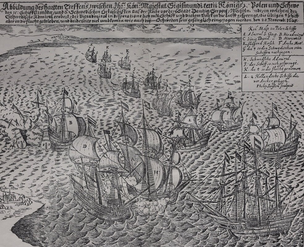 Rysunek przedstawia Bitwę pod Oliwą. Po lewej stronie widoczne jest polskie wybrzeże oraz zabudowania Gdańska. Większość powierzchni grafiki zajmuje wzburzone Morze Bałtyckie, po którym płyną polskie żaglowce. Jeden ze statków w pobliżu wybrzeża został trafiony i idzie na dno. W głębi obrazu widoczne są wielomasztowe statki szwedzkie.