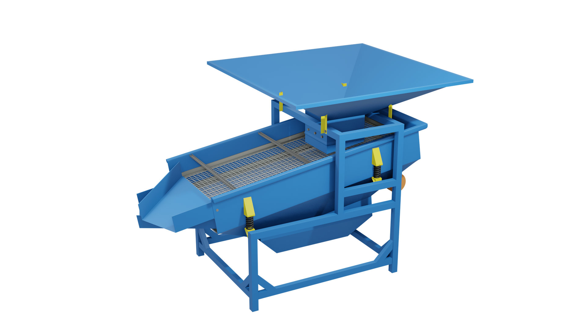 Ilustracja przedstawia model przesiewacza wibracyjnego. Jest on wsparty na prostopadłościennej ramie. Zasadniczą część korpusu urządzenia stanowi skrzynia wibracyjna o kształcie prostopadłościennym z usuniętą ścianą górną. Skrzynia pochylona jest względem płaszczyzny poziomej pod pewnym kątem. Równolegle do dolnej ściany skrzyni rozmieszczone są w niej pomiędzy ścianami bocznymi sita. Zawierają liczne szczeliny o ściśle określonych wymiarach i kształcie. Jak wspomniano sita zamocowane są pod pewnym kątem do poziomu, co ułatwia przemieszczanie się po nich klasyfikowanego materiału. Z tyłu skrzyni wibracyjnej zamontowany jest silnik wibracyjny, wprawiający ją w drgania. Drgania skrzyni stabilizowane są przez zamontowane w czterech miejscach na równoległych ścianach bocznych sprężyny amortyzujące. Są one przytwierdzone do bocznych ścian i osadzone w ramie. Mają za zadanie zapobiegać przekazywaniu drgań skrzyni wibracyjnej na fundament, na którym znajduje się przesiewacz. Dodatkowo obecność sprężyn zmniejsza ilość energii koniecznej do wprawienia skrzyni w wibracje. Powyżej części skrzyni wibracyjnej, w której zamontowany jest silnik. znajduje się otwór w kształcie odwróconego, ściętego ostrosłupa. Jest nim doprowadzana nadawa. Po przeciwnej stronie skrzyni wibracyjnej znajdują się zsypy. To elementy konstrukcyjne przesiewacza służące do odbioru poszczególnych klas ziarnowych po procesie klasyfikacji. Pierwszy z nich znajduje się w płaszczyźnie wyznaczonej przez sita i ograniczony jest zwężającymi się ścianami bocznymi. Nim odprowadzane są ziarna grube. Poniżej w płaszczyźnie dolnej ściany skrzyni rozmieszony jest zsyp odpowiadający za odprowadzenie ziaren drobniejszych, które zostały odsiane w wyniku procesu. 
