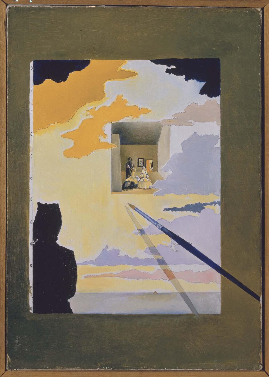 Ilustracja przedstawia kolorowy obraz na ciemnoniebieskim tle. W lewym dolnym rogu znajduje się ciemna sylwetka stojącej postaci. Patrzy na obraz, który wyłania się z kolorowych chmur. Na obrazie namalowano małe pomieszczenie z siedzącymi pośrodku dwoma damami w dekoracyjnych sukniach oraz stojącym nad nimi mężczyzną ubranym na czarno.