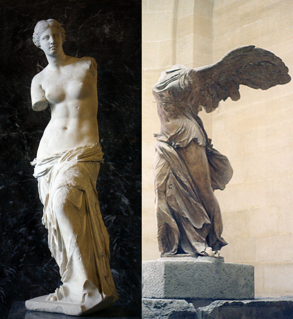 Ilustracja przedstawia dwa posągi. Posąg po lewej stronie prezentuje młodą kobietę. Kobieta stoi. Ma obnażony tułów aż do bioder. Biodra i nogi osłonięte są zwojem udrapowanego materiału. Rzeźba nie ma całej lewej ręki i częściowo prawej. Zdjęcie po prawej stronie prezentuje posąg Nike z Samotraki. Kobieta stoi na wysuniętej do przodu, prawej nodze. Postać pozbawiona jest głowy i rąk, z jej pleców wyrastają ogromne, rozłożyste, opierzone skrzydła. Kobieta odziana jest w długą szatę, która przylega do jej ciała. Szata sprawia wrażenie jakby była mokra lub łopotała na wietrze. 