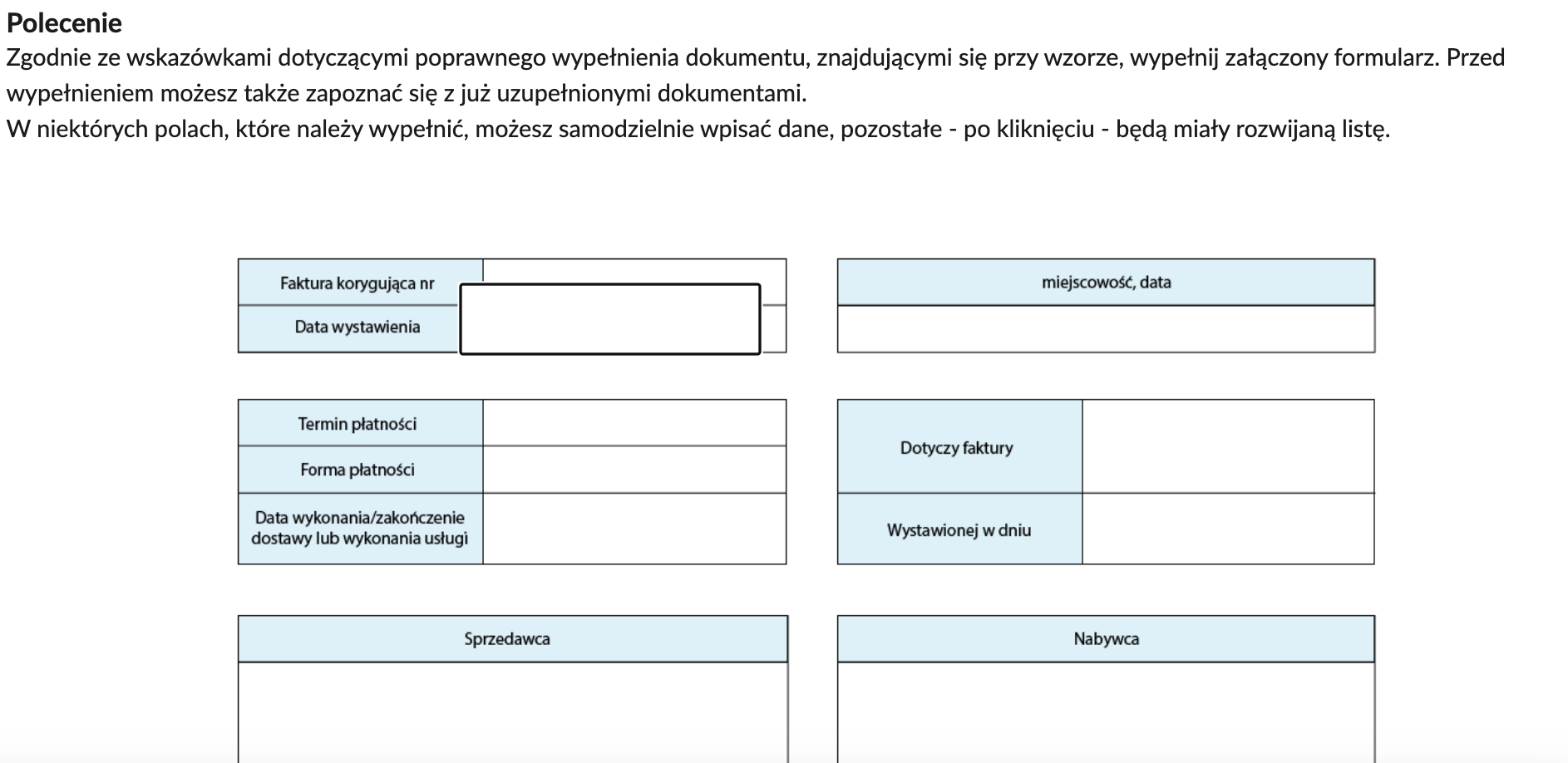 Widok dokumentu do wypełnienia z dokumentacji interaktywnej Dokumentacja finansowa działalności turystycznej w gospodarstwie agroturystycznym