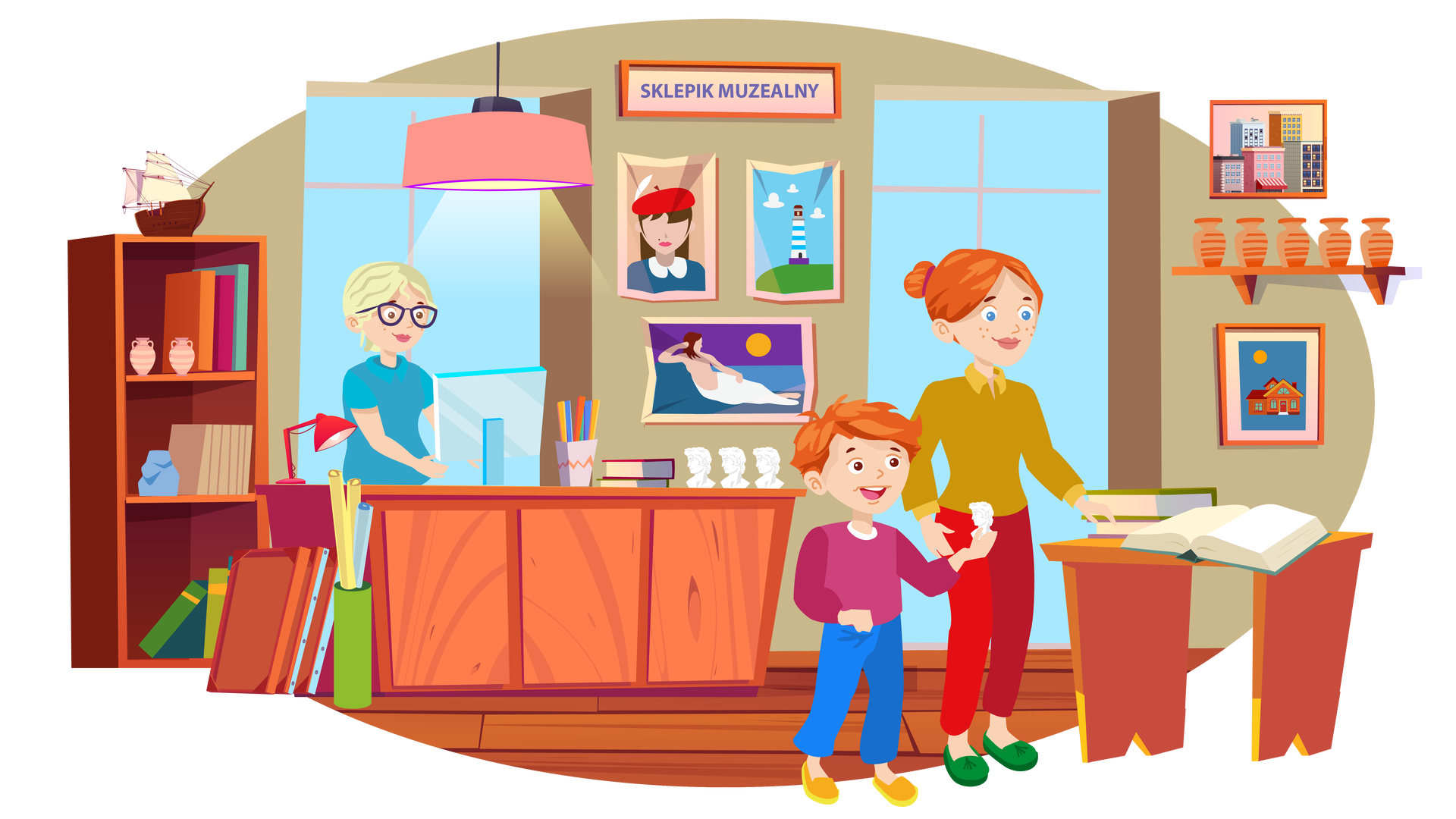 Ilustracja przedstawia wnętrze sklepiku muzealnego. W tle widać ciemnobeżową ścianę z dwoma dużymi oknami. Na środku wisi fioletowy napis na białym tle w brązowej ramce. Brzmi: „Sklepik muzealny”. Poniżej wiszą trzy plakaty. Pierwszy plakat przedstawia portret kobiety na beżowym tle. Kobieta ma rozpuszczone ciemnobrązowe włosy i jest ubrana w granatową bluzkę z białym kołnierzykiem i czerwony beret. Drugi plakat przedstawia latarnię morską w biało‑niebieskie paski stojącą na zielonym wzgórzu. W tle widać błękitne niebo z jasnymi chmurami. Trzeci plakat przedstawia kobietę siedzącą na brzegu morza, opartą o duży kamień. Tło plakatu jest fioletowo‑granatowe. Kobieta ma rozpuszczone ciemnobrązowe włosy i jest owinięta w pasie białym materiałem. Podpiera głowę prawą ręką zgiętą w łokciu, a jej lewa ręka spoczywa na biodrze. Patrzy na świecące po prawej stronie słońce. Po prawej stronie wisi obraz w brązowej ramie. Przedstawia kilka wysokich budynków miejskich. Poniżej widać długą brązową półkę, na której stoi pięć pomarańczowych wazonów. Pod półką wisi drugi obraz w brązowej ramie. Przedstawia brązowy dom na granatowym tle. Nad domem, po lewej stronie, widać na niebie pomarańczowe słońce. Po lewej stronie pomieszczenia, pod ścianą, stoi wysoki brązowy regał z trzema półkami. Na półkach znajdują się książki, dwa jasnoróżowe wazony z uszkami i niebieski wazon o nietypowym kształcie. Na samej górze regału stoi model brązowego statku z dużymi białymi żaglami. Nieco bliżej stoi brązowa lada, przy której siedzi sprzedawczyni. Ma blond włosy upięte z tyłu głowy i jest ubrana w niebieską koszulkę z kołnierzykiem i krótkimi rękawami. Na nosie ma okulary w granatowych oprawkach. Kobieta pisze coś na klawiaturze komputera, którego ekran znajduje się przed nią na ladzie. Obok komputera widać kubek z kolorowymi długopisami, dwie książki ułożone jedna na drugiej i trzy miniaturowe białe rzeźby. Każda z nich przedstawia głowę mężczyzny. Po lewej stronie lady stoi czerwona lampka biurkowa. Po lewej stronie o ladę są oparte trzy obrazy stojące na podłodze. Widać jedynie tył pierwszego obrazu. Obok znajduje się wysoki zielony pojemnik w kształcie tuby, z którego wystają trzy rulony papieru – dwa jasnożółte i jeden jasnoniebieski. Po prawej stronie ilustracji, na pierwszym planie, stoi drewniany stolik. Są na nim dwie książki ułożone jedna na drugiej oraz otwarta trzecia książka. Przy stole stoi Franek z mamą. Franek jest ubrany w bordową bluzę z długimi rękawami, długie niebieskie spodnie i pomarańczowe buty z żółtymi podeszwami. Patrzy na niewielką rzeźbę, którą trzyma w lewej dłoni. Rzeźba wygląda tak samo jak te, które stoją na ladzie. Mama Franka jest ubrana w ciemnożółtą bluzkę z kołnierzykiem i długimi rękawami, długie czerwone spodnie i ciemnozielone buty. Patrzy na otwartą książkę leżącą na stoliku.