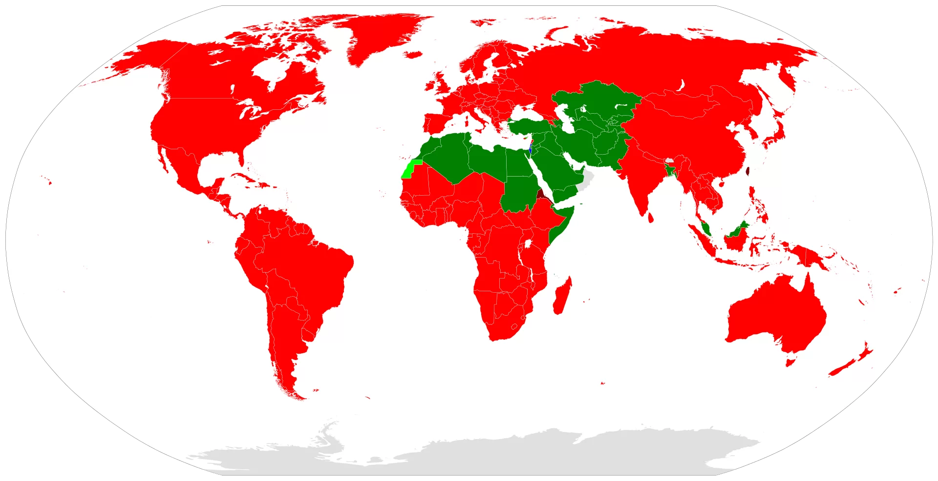 Mapa przedstawiająca kraje należące do Czerwonego Krzyża: wszystkie kraje obu Ameryk i Europy, prawie cała Azja, środkowa i południowa część Afryki oraz Australia Do Czerwonego Półksiężyca należą kraje położone na północy Afryki nad Morzem Tyrreńskim, Śródziemnym i Czerwonym, a także Somalia, kraje położone na Półwyspie Arabskim z wyjątkiem Libanu, Izraela oraz Omanu, kraje Azji Centralnej, Bangladesz i Malezja. Jedynym krajem należącym do Czerwonej Gwiazdy Dawida jest Izrael. Do Stowarzyszenia Czerwonego Krzyża należą Erytrea w Afryce i Tajwan. Do Towarzystwa Czerwonego Półksiężyca należą Sahara Zachodnia i Turecka Republika Cypru Północnego.