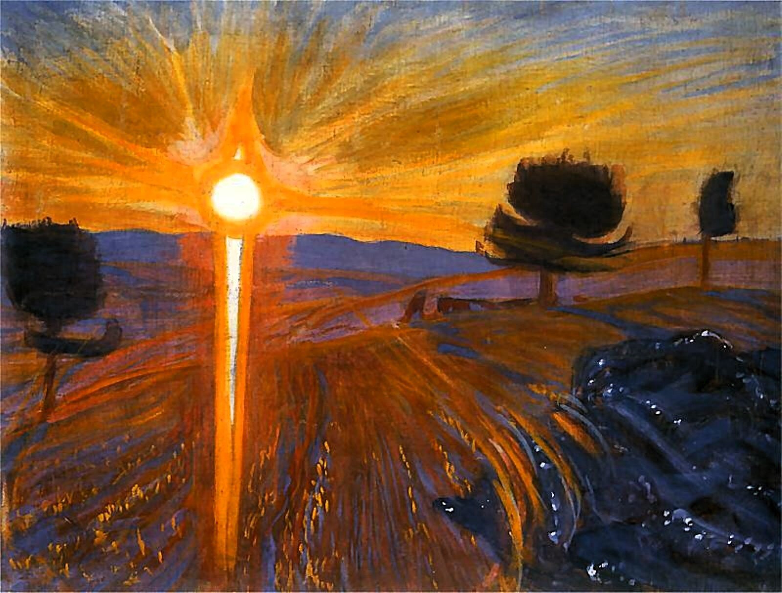 Obraz przedstawia pejzaż z drogą biegnącą do horyzontu, nad którym wisi słońce, najjaśniejszy punkt na obrazie. Od słońca idą w górę promienie, od których rozjaśnia się całe niebo, w dół jasna, ostra smuga przecina drogę. Po dwóch stronach drogi stoją pojedyncze drzewa, a w rogu  nieregularna plama zimnego koloru przypominająca zarośla.