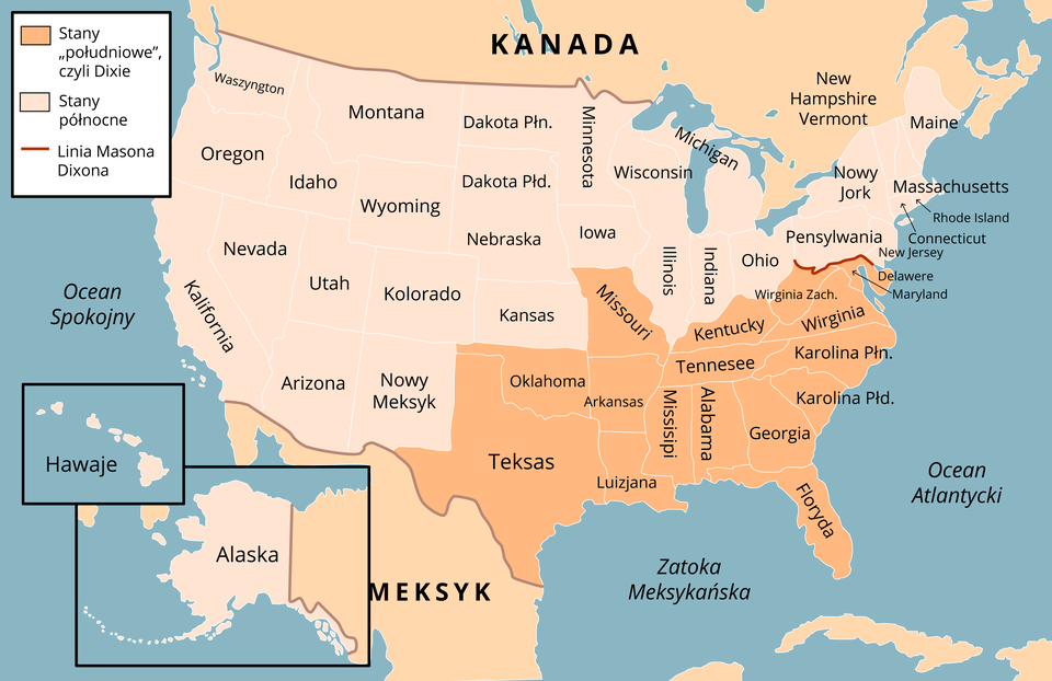 Mapa Stanów Zjednoczonych przedstawiająca podział na stany północne i południowe. Stany południowe, czyli Dixie, są następujące: Teksas, Oklahoma, Arkansas, Missouri, Luizjana, Missisipi, Tennesee, Alabama, Kentucky, Georgia, Floryda, Karolina Południowa, Karolina Północna, Wirginia, Wirginia Zachodnia, Delawere, Maryland. Stany północne są następujące: Waszyngton, Montana, Dakota Północna, Dakota Południowa, Minnesota, Wisconsin, Michigan, Maine, Massachusetts, Rhode Island, Connecticut, New Jersey, Ohio, Indiana, Illinois, Iowa, New Hampshire, Vermont, Nowy Jork, Pensylwania, Nebraska, Kansas, Kolorado, Oregon, Idaho, Wyoming, Utah, Nevada, Kalifornia, Nowy Meksyk, Arizona, Hawaje, Alaska.  