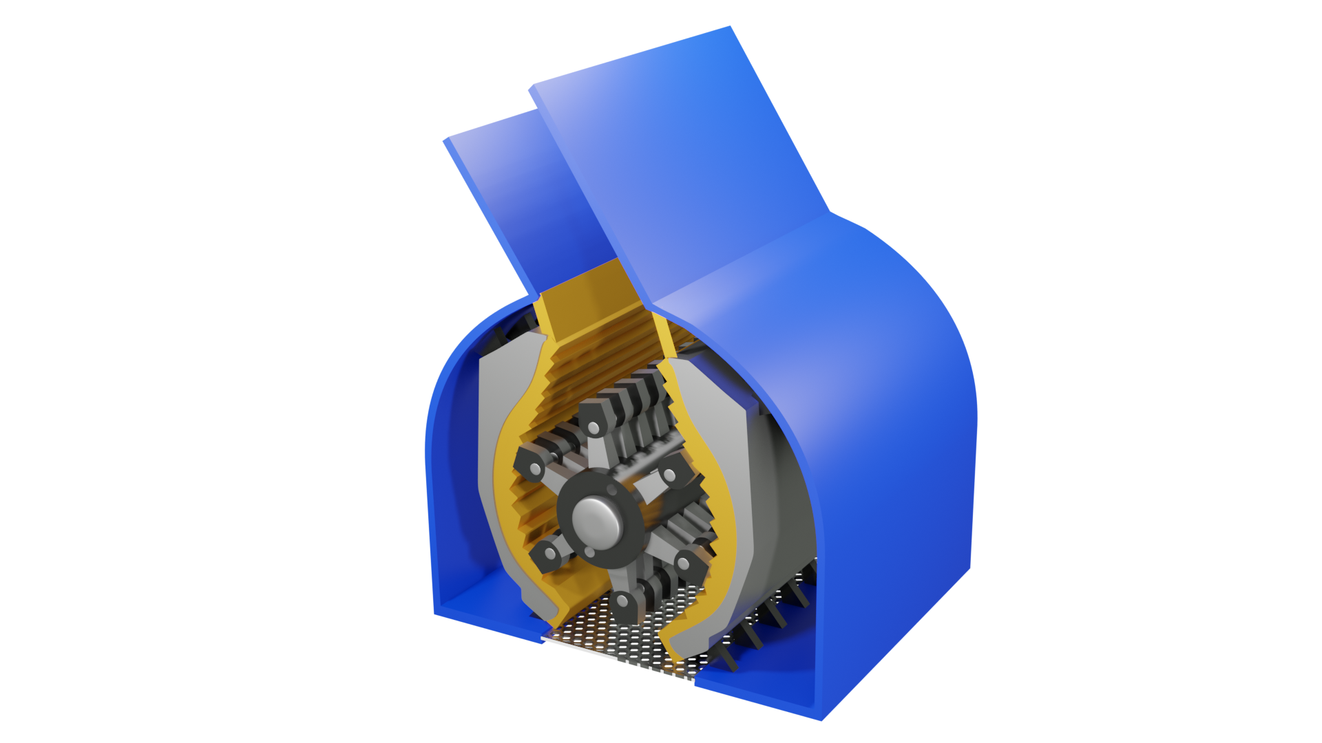 Ilustracja przedstawia model przykładowej kruszarki młotkowej w przekroju poprzecznym. Urządzenie zamontowane jest w obudowie. Zasadnicza część kruszarki ma kształt poziomo zorientowanego walca. W górnej, bocznej części na całej długości walca zamontowany jest prostopadłościenny element pozbawiony dwóch ścian. To otwór zasypowy, czyli wlot dla nadawy. Prowadzi on do głównej, roboczej części kruszarki młotkowej. W jej osi zamontowany jest wał z tarczami, napędzany przez silnik przy pomocy przekładni pasowej. Do wału przymocowane są wahliwe młotki, których ruch wymuszany jest przez obrót wirnika. Wał zabudowany jest promieniście przez młotki. Składają się one z dwóch elementów. Pierwszy stanowi podłużny ścięty ostrosłup połączony z wałem oraz drugą ruchomą częścią młotka. Ma ona z kolei kształt zaokrąglony od strony wirnika i ścięty na końcu. Swobodnie poruszające się młotki rozmieszczone są przegubowo w tarczach wirnika. W ścianie korpusu, u dołu kruszarki na całej jej długości zamontowane są rusztowiny. Ich obecność przy wylocie sprawia, że tylko ziarna o wymiarach mniejszych niż średnica szczelin opuszczają bęben kruszący. Ziarna większe pozostają we wnętrzu kruszarki i nieustannie uderzane są młotkami, podlegając dalszemu kruszeniu. Wnętrze bębna kruszącego wyłożone jest wykładziną. Stanowią ją rowkowane płyty pancerne wykonane z materiałów odpornych na ścieranie i uderzanie. Ich łukowaty kształt sprawia, że trafiające na nie odłamki ulegają dalszemu kruszeniu. Wykładzina rozmieszczona jest na ścianach bocznych wnętrza bębna. 