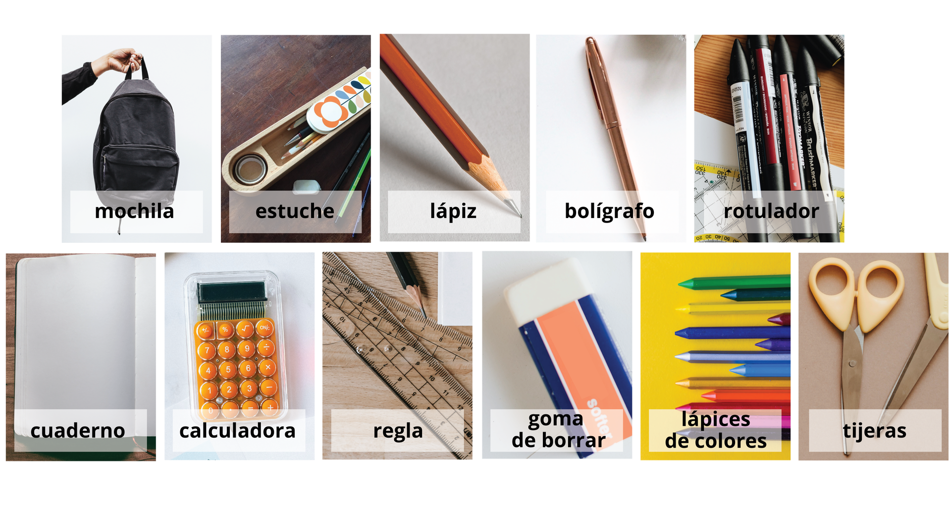 Grafika przedstawia jedenaście zdjęć przyborów szkolnych z podpisami. Pierwsze zdjęcie - czarny plecak trzymany w ręku. Podpis: mochila. Drugie zdjęcie - kolorowy piórnik z kredkami w środku. Obok piórnika trzy ołówki i gumka do mazania. Podpis: estuche. Trzecie zdjęcie - naostrzony, brązowy ołówek. Podpis: lápiz. Czwarte zdjęcie - błyszczący, metalowy długopis. Podpis: bolígrafo. Piąte zdjęcie - cztery czarne markery. Podpis: rotulador. Szóste zdjęcie - zeszyt z białymi kartkami. Podpis: cuaderno. Siódme zdjęcie - przezroczysty kalkulator z pomarańczową klawiaturą numeryczną. Podpis: calculadora. Ósme zdjęcie - dwie przezroczyste linijki, ołówek i fragment zeszytu. Podpis: regla. Dziewiąte zdjęcie - biała gumka do mazania w papierowym etui. Podpis: goma de borrar. Dziesiąte zdjęcie - kolorowe kredki. Podpis: lápices de colores. Jedenaste zdjęcie: dwie pary nożyczek. Podpis: tijeras.