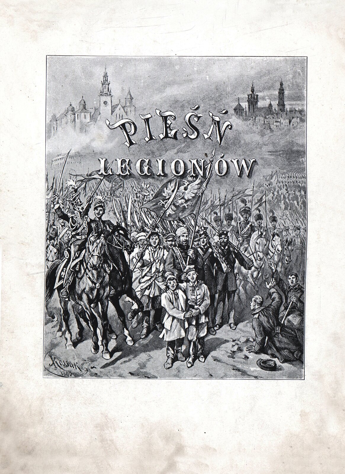 Rysunek zatytułowany Pieśń Legionów przedstawia żołnierzy pieszo i na koniach. Żołnierze mają różne mundury, niektórzy są w chłopskich sukmanach, niosą zatknięte na sztorc kosy. Żołnierze mają broń (długie karabiny) i sztandary z orłem. Inni unoszą do góry szable. Są radośni.  W tle widać kościół i fragmenty Zamku Królewskiego w Warszawie.