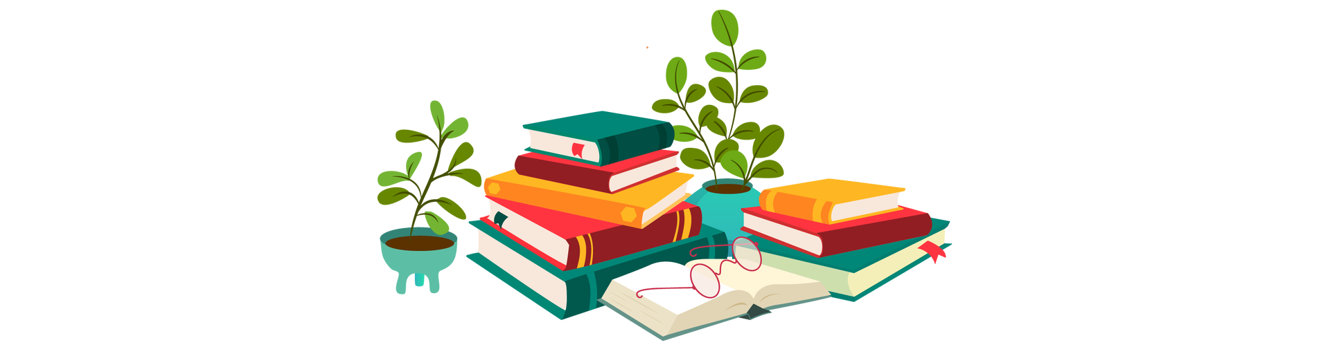Ilustracja przedstawia książki. Po lewej stronie leży, jedna na drugiej, pięć książek, a po prawej leżą trzy książki, również jedna na drugiej. Obok nich leży kolejna książka, a na niej znajdują się okulary w czerwonej oprawie. Na lewo od książek stoi jeden kwiat w zielonej donicy, a za nimi stoi drugi kwiat, również w zielonej donicy.