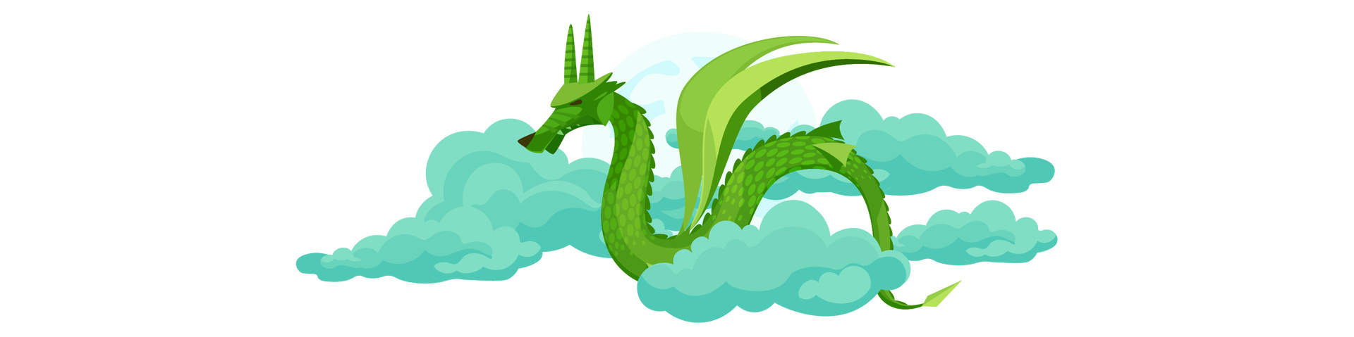 Ilustracja przedstawia zielonego smoka z rogami i skrzydłami, lecącego wśród turkusowych chmur. Smok ma ciało pokryte łuskami, ostro zakończony ogon, zielone skrzydła i dwa długie rogi.