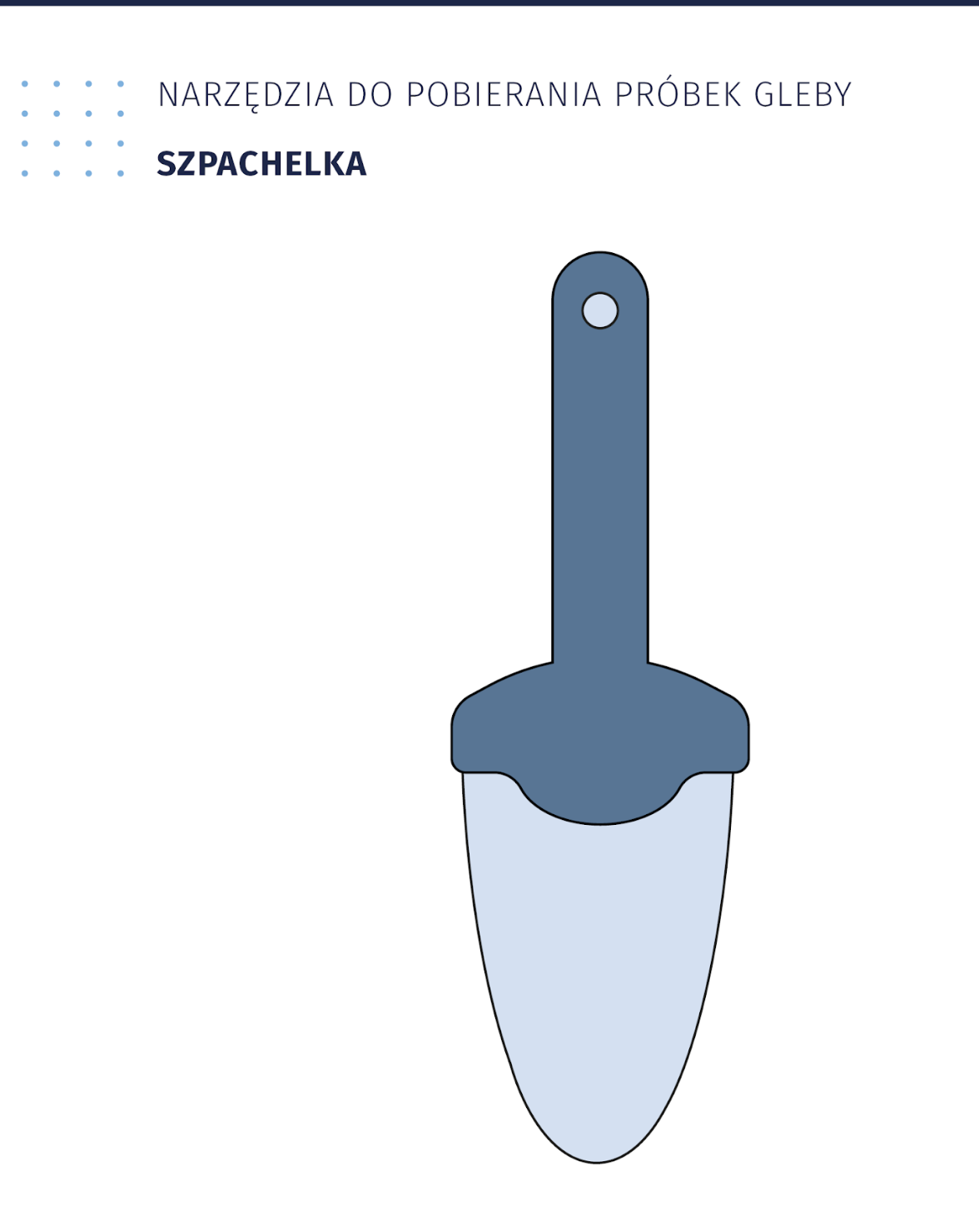 Ilustracja przedstawia narzędzia do pobierania próbek gleby, szpachelka. Ma płaski, wrzecionowaty kształt o ostrym zakończeniu. W górnej części znajduje się rączka.