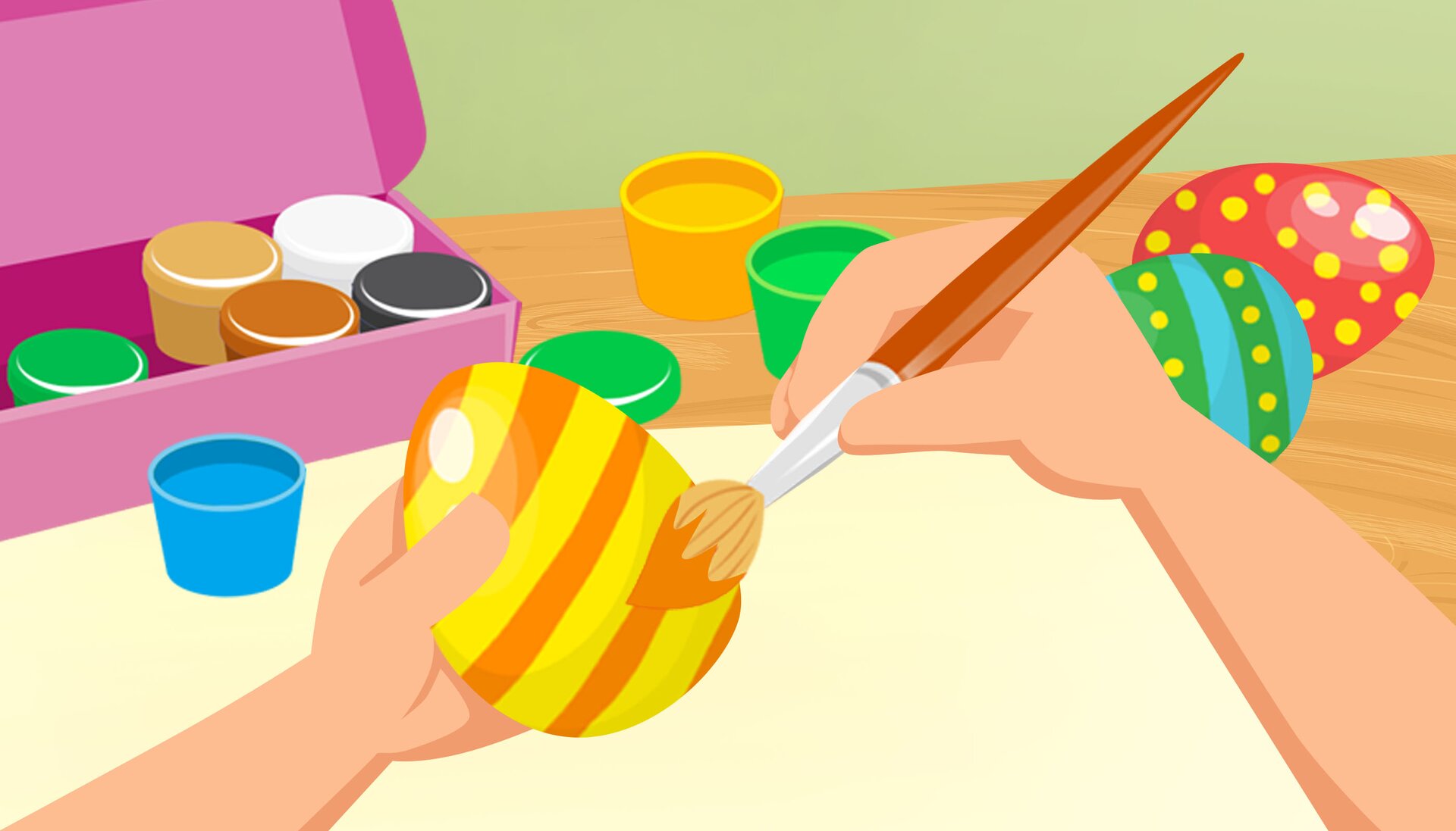 Ilustracja przedstawia proces malowania pisanki. W tle znajdują się farbki i dwa ozdobione jajka.