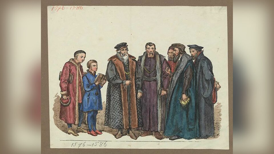 Obraz przedstawia pięciu starszych mężczyzn  i dwóch młodzieńców. Starsi mężczyźni mają długie brody i wąsy. Noszą długie, sięgające stóp płaszcze, wykończone futrzanymi wyłogami i kołnierzami. Na głowach mają płaskie, czarne berety. Po lewej stronie stoją dwaj młodzi chłopcy, w krótkich płaszczykach. Młodszy, niższy, trzyma rozłożoną książkę. Drugi, starszy, trochę wyższy stoi za nimi trzyma go za ramię. Młodzieńcy mają podgolone głowy. Starszy ma pod pachą książkę, w prawej ręce trzyma czapkę. Poniżej napis ołówkiem 1576 - 1586.