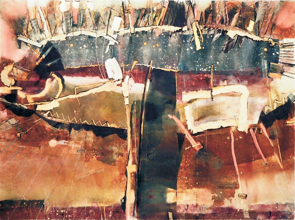 Ilustracja przedstawia obraz Piotra Gojowego „Ryba i oścień”. Ukazuje rybę oraz oścień, czyli rodzaj narzędzia w postaci ostrych stalowych widełek, osadzonych na drewnianym trzonku, służących do połowu ryb. Ryba jest szaro‑żółto‑brązowa. Tło utrzymane jest w różnych odcieniach żółcieni i brązów.