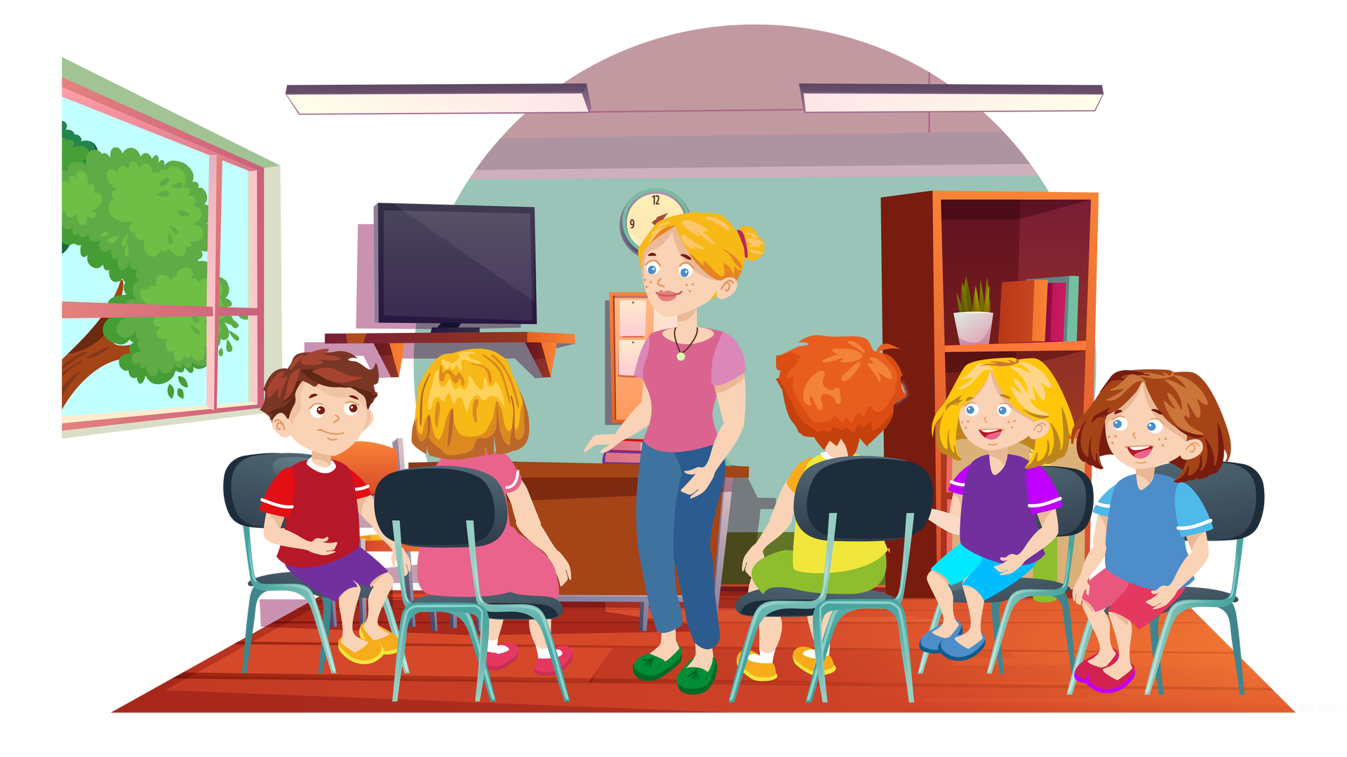 Ilustracja przedstawia klasę szkolną. W tle znajduje się zielona ściana, na której wiszą półka z ustawionym na niej płaskim telewizorem, zegar i tablica korkowa z przyczepionymi do niej kilkoma karteczkami. Bliżej stoi brązowe biurko, a po prawej stronie brązowy regał z szufladami i półkami, na których są książki i niewielka zielona roślina w białej doniczce. Po lewej stronie znajduje się okno, a za nim widać drzewo liściaste na tle błękitnego nieba. Na środku klasy stoi nauczycielka. Ma blond włosy związane w kok, a na szyi wisiorek. Jest ubrana w różową bluzkę z krótkimi rękawami, długie granatowe spodnie i zielone buty. Ma pogodny wyraz twarzy. Dookoła niej stoi pięć krzeseł, na których siedzą dzieci. Niektóre z nich widać z boku, a niektóre od tyłu. Po lewej stronie ilustracji siedzi chłopiec o krótkich brązowych włosach. Jest ubrany w czerwoną koszulkę z krótkimi rękawami, krótkie fioletowe spodnie i pomarańczowe buty z żółtymi podeszwami. Obok niego siedzi dziewczynka o rozpuszczonych blond włosach średniej długości. Jest ubrana w różową sukienkę z krótkimi rękawami, białe skarpetki i różowe buty. Dalej siedzi Franek, a obok niego kolejna dziewczynka o rozpuszczonych blond włosach średniej długości. Jest ubrana w fioletową koszulkę z krótkimi rękawami, krótkie niebieskie spodnie i ciemnoniebieskie buty. Obok niej siedzi Maja. Wszystkie dzieci uśmiechają się i patrzą na nauczycielkę.
