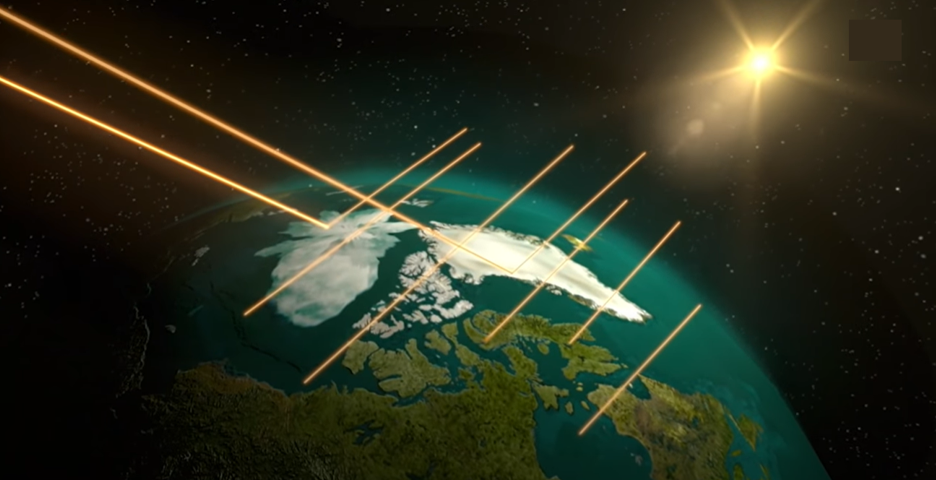 Zdjęcie przedstawia promieniowanie słoneczne docierające do Arktyki. Do kuli ziemskiej docierają promienie. Odbijają się one od powierzchni Arktyki w przestrzeń.