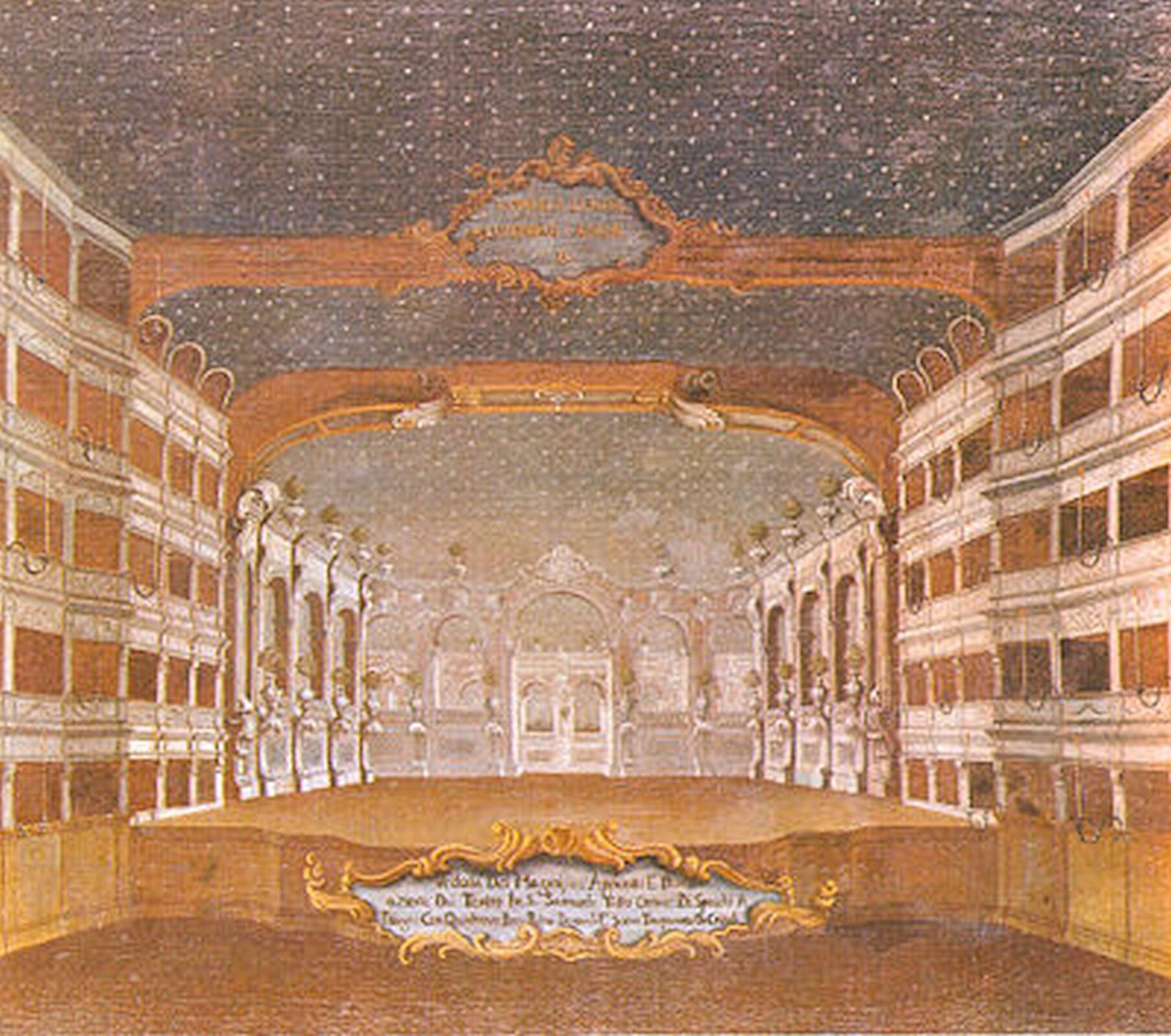 Ilustracja przedstawia wnętrze sceny w teatrze San Cassiano w Wenecji. Jest to rysunkowe przedstawienie pomieszczenia.