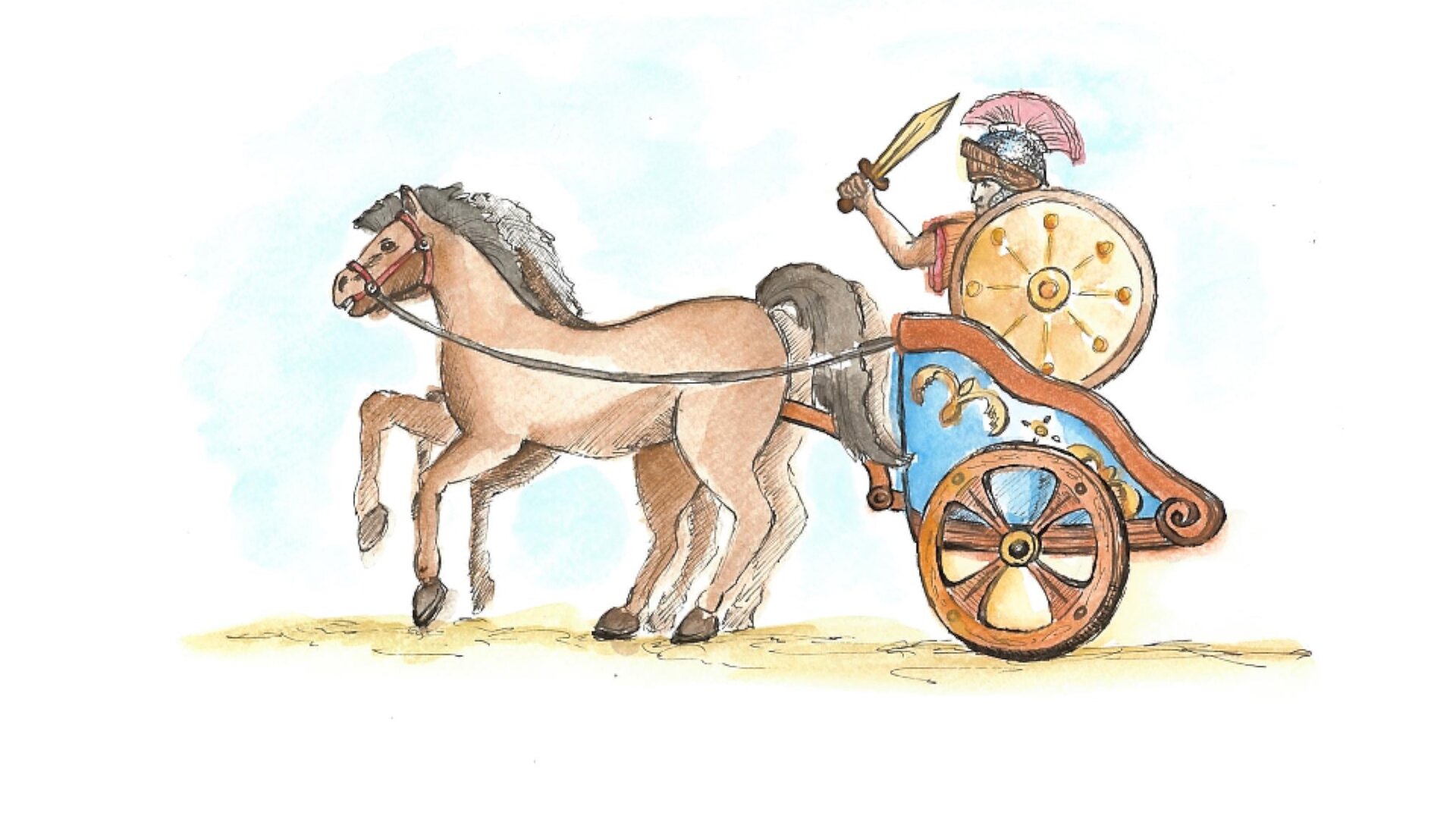 Rysunek rydwanu wraz z rzymskim żołnierzem.
