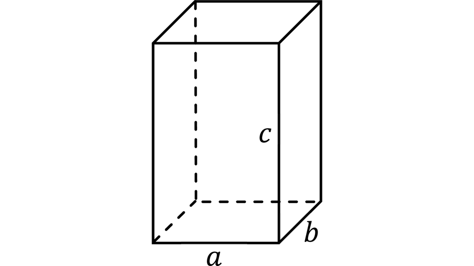 Rysunek przedstawia prostopadłościan. Literami a, b , c oznaczono trzy różne krawędzie tego prostopadłościanu wychodzące z tego samego wierzchołka. 