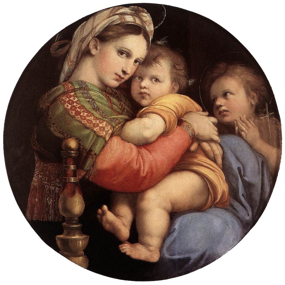 Ilustracja przedstawia obraz Rafaela Santiego „Madonna della sedia”. Na obrazie widać kobietę tulącą dziecko. Drugie dziecko przygląda się tej scenie. Kobieta ubrana jest w zielono‑niebieskie szaty i na głowie ma chustę.