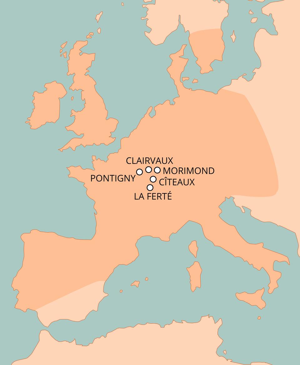 Ilustracja przedstawia mapę konturową Europy. W centralnej Europie (teren dzisiejszej północno‑wschodniej Francji) zaznaczono pięć miejsc, znajdujących się niedaleko siebie: Clairvaux, Morimond, Citeaux, La Ferte, Pontigny. Ciemniejszym kolorem zaznaczono obszar całej Europy wraz z współczesną Wielką Brytanią oraz południowa Szwecją. Na wschodzie zaznaczony obszar kończy sie wraz ze wschodnią granicą Polski, na południu nie obejmuje już Bałkanów. Zawiera jednak w sobie cały półwysep Apeniński i półwysep Iberyjski (bez południowo‑wschodniego wybrzeża).
