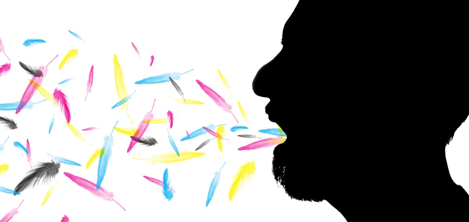 Kolorowa ilustracja przedstawia czarny kontur ludzkiej głowy z profilu. Z jej otwartych ust wyfruwają kolorowe piórka