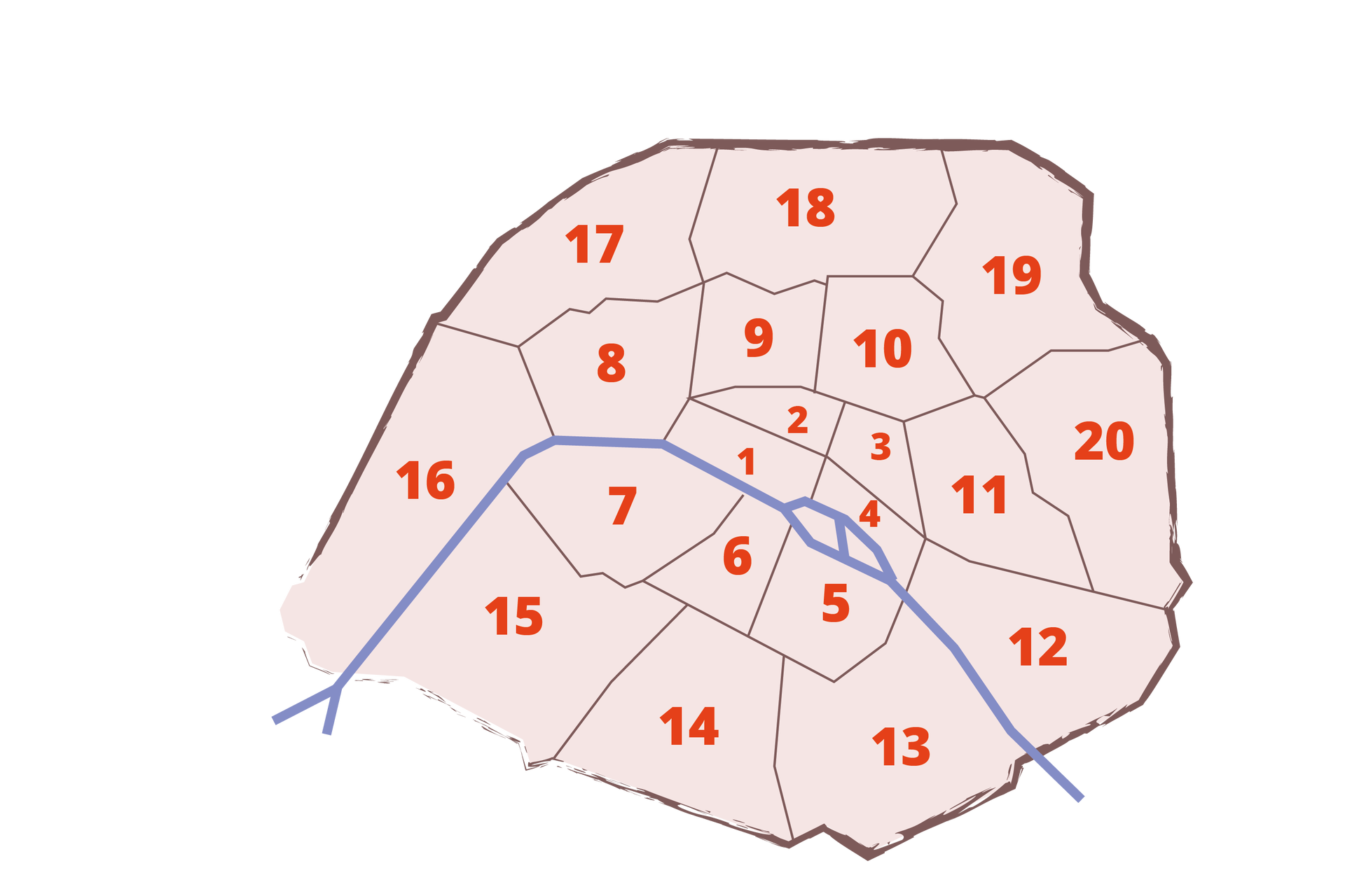 Ilustracja przedstawia dzielnice Paryża oznaczone numerami. Narysowany obszar dzielnic ma postać kolistą. Numery dzielnic zaczynają się od środka i rosną w prawo. Dzielnice ułożone są na wzór muszli ślimaka. Jest ich 20.  