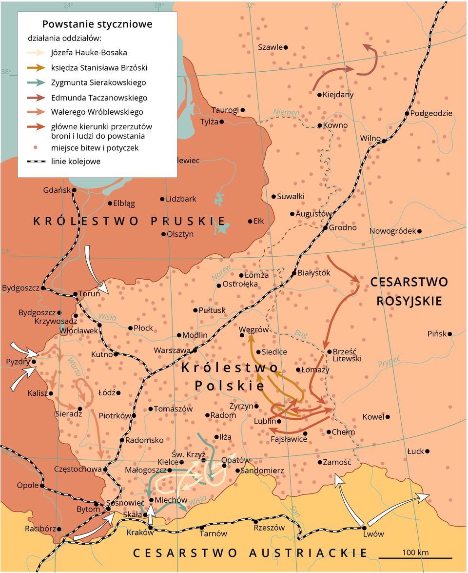 Mapa przedstawia terytorium Królestwa Pruskiego, w czasie powstania styczniowego. Królestwo Polskie znajduje się w zachodniej części mapy, Cesarstwo Rosyjskie we wschodniej części mapy, a Cesarstwo Austriackie na południu mapy. Działania oddziałów Józefa Hauke‑Bosaka miały miejsce na południu Królestwa Polskiego, obok miejscowości: Opatów, Święty Krzyż. Działania oddziałów księdza Stanisława Brzóski przebiegały wzdłuż wschodniej granicy Królestwa Polskiego w kierunku północy, obok miast: Siedlce, Węgrów. Działania oddziałów Zygmunta Sierakowskiego przebiegały na południowym zachodzie Królestwa Polskiego obok Świętego Krzyża, Małogoszczy, Miechowa, Skały i Kielc. Działania oddziałów Edmunda Taczanowskiego miały miejsce na północy Cesarstwa Rosyjskiego obok miejscowości Kiejdany. Działania oddziałów Walerego Wróblewskiego odbywały się na zachodzie Królestwa Polskiego i przemieszczały się na południe wzdłuż rzeki Warta, obok miast: Kalisz i Sieradz. Główne kierunki przerzutów broni i ludzi do powstania przebiegały na zachodzie Cesarstwa Rosyjskiego oraz we wschodnio południowej części Królestwa Polskiego obok miast: Brześć Litewski, Łomazy, Lublin. Bitwy i potyczki miały miejsce w całym Królestwie Polskim oraz w zachodniej części Cesarstwa Rosyjskiego. Linie kolejowe przebiegały od północy Cesarstwa Rosyjskiego w kierunku południowo - zachodniej części Królestwa Polskiego. W połowie trasy biegła linia kolejowa w kierunku Królestwa Pruskiego, która kończyła się w Gdańsku. Przebiegała przez miasta: Podgrodzie, Wilno, Grodno, Białystok, Warszawa, Piotrków, Radomsko, Częstochowa, Sosnowiec. Od Sosnowca linia rozgałęzia się na północny zachód, kawałek dalej jest drugie rozgałęzienie na wschód przez Cesarstwo Austriackie.