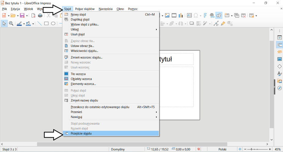 Ilustracja przedstawia otwarty program LibreOffice. U góry na pasku zadań została wybrana opcja Slajd, a następnie opcja przejście slajdu. 