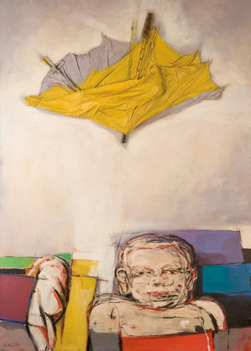 Ilustracja przedstawia obraz pt. „Ambalaż Chexbres” autorstwa Tadeusza Kantora. Obraz ukazuje w górnej części żółty, połamany parasol. Poniżej znajduje się szkic chłopca, który ręce ma pod podbródkiem.