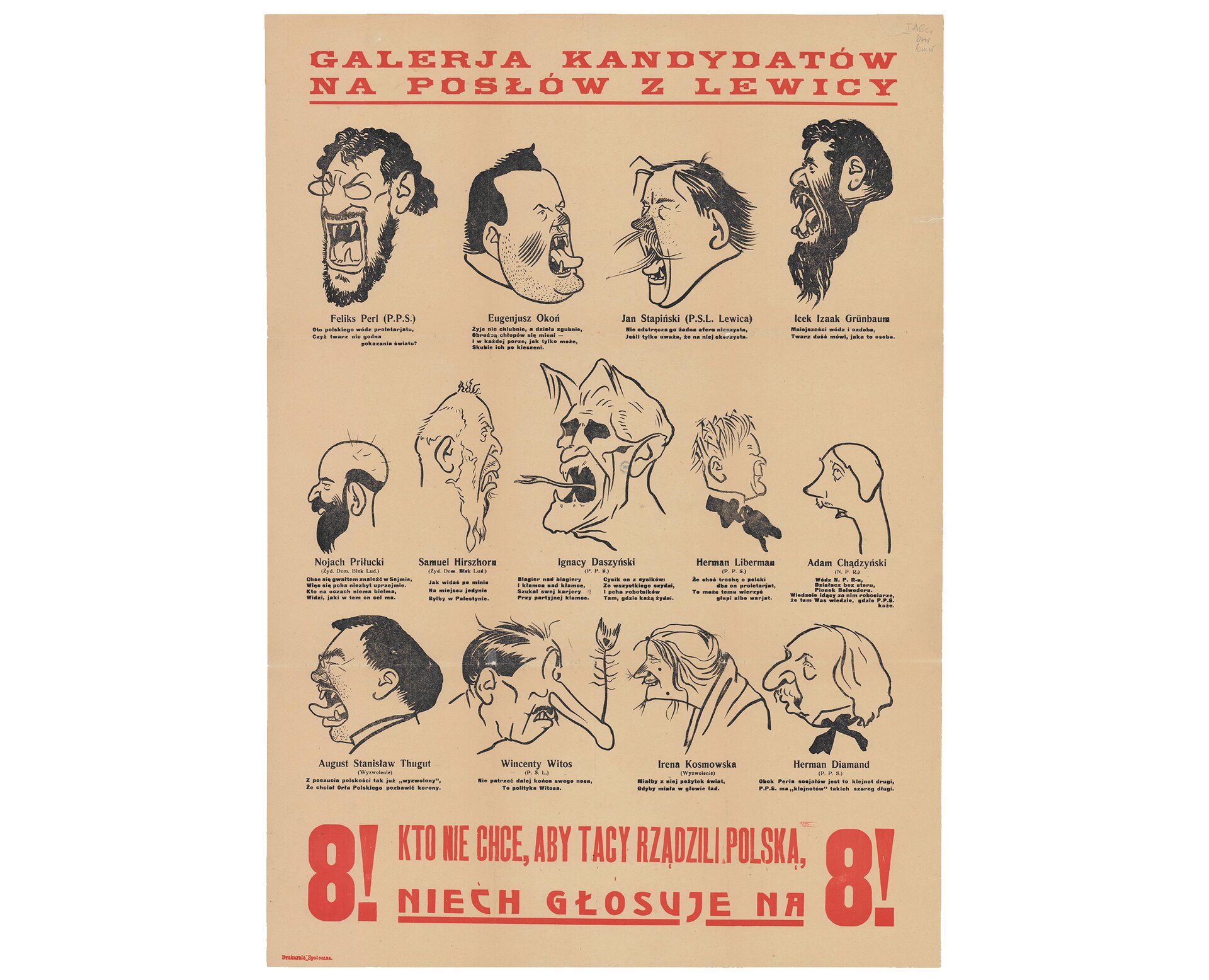 Grafika przedstawiająca prospekt, na którym widnieją karykatury lewicowych kandydatów na posłów.